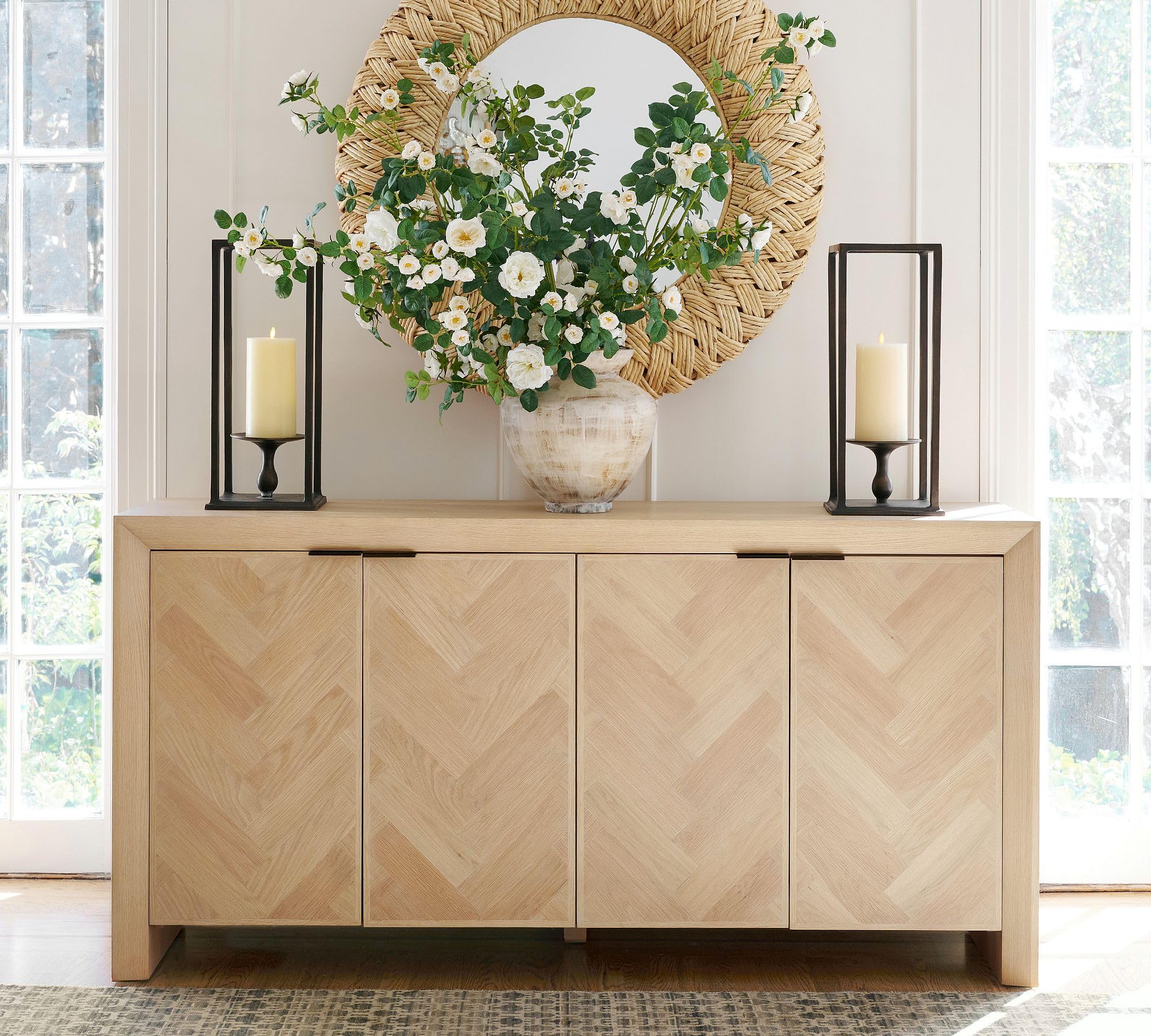 Solid Mango Wood Herringbone Sideboard Buffet Cabinet | 4-Door Modern Storage Cabinet | Natural Finish Wooden Credenza for Dining Room, Living Room & Entryway-image-1