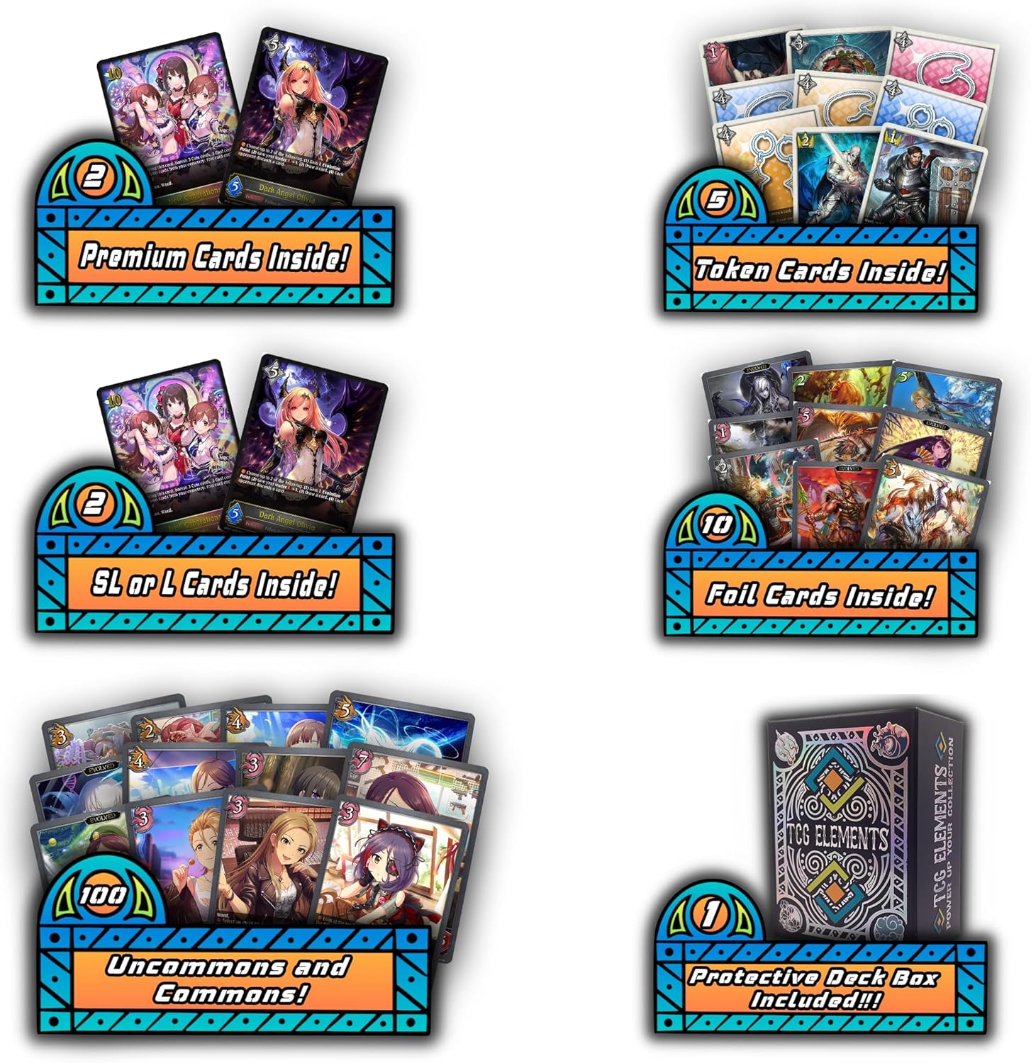 Shadowverse 100+ Card Bundle, 100 C/UC, 5 Tokens, 10 Foils, 2 SL/L, 2 Premium Cards, Deck Box