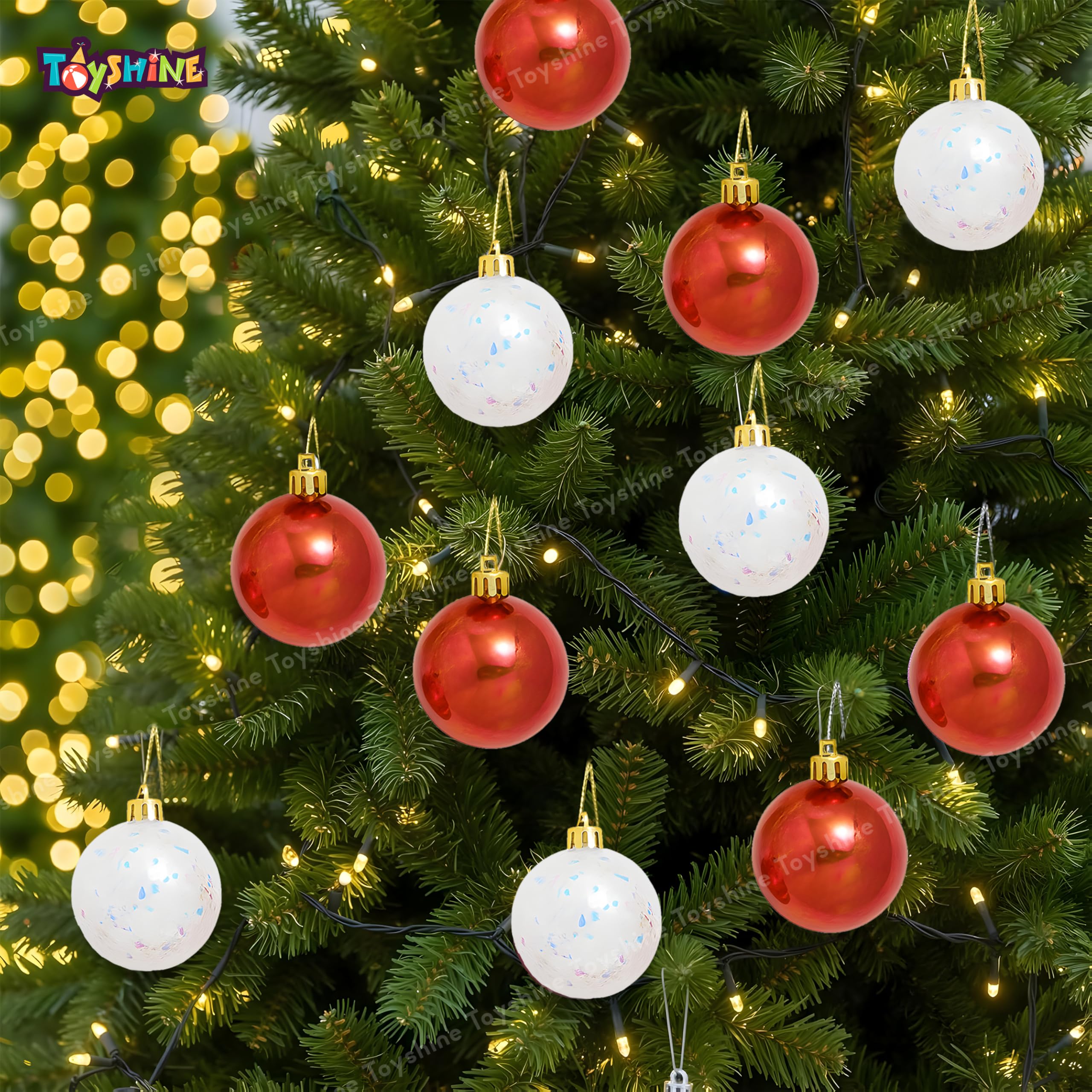 Toyshine 24 Pcs Christmas Tree Hanging Ornaments Set – Red & White Balls | Festive Decoration Combo for Home Office School 2