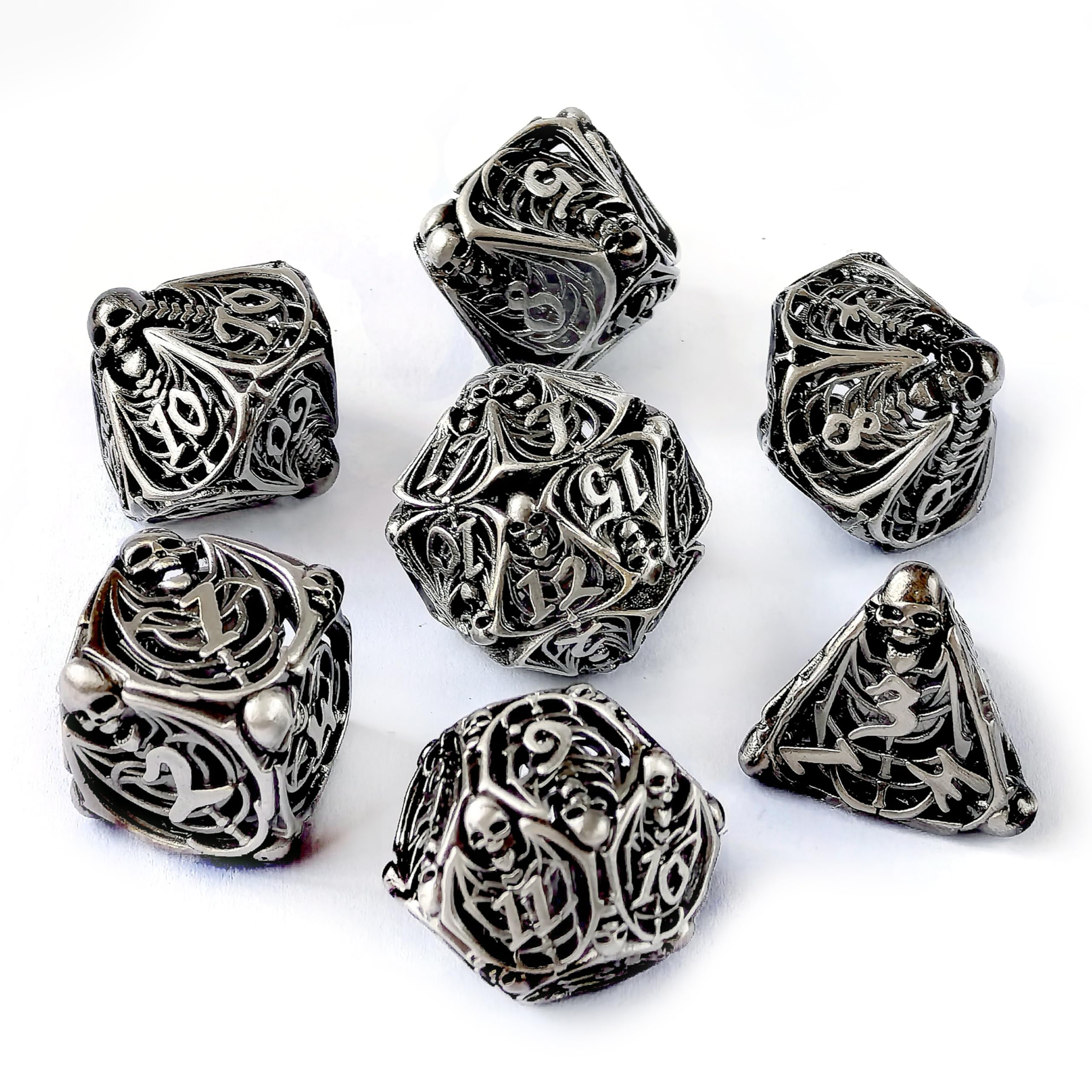 Copper Hollow Polyhedral DND 7pcs Dungeon and Dragon Metal dice with 3D Skull Feature, Hollowed Metal Dice Antique Nickle - Image 4