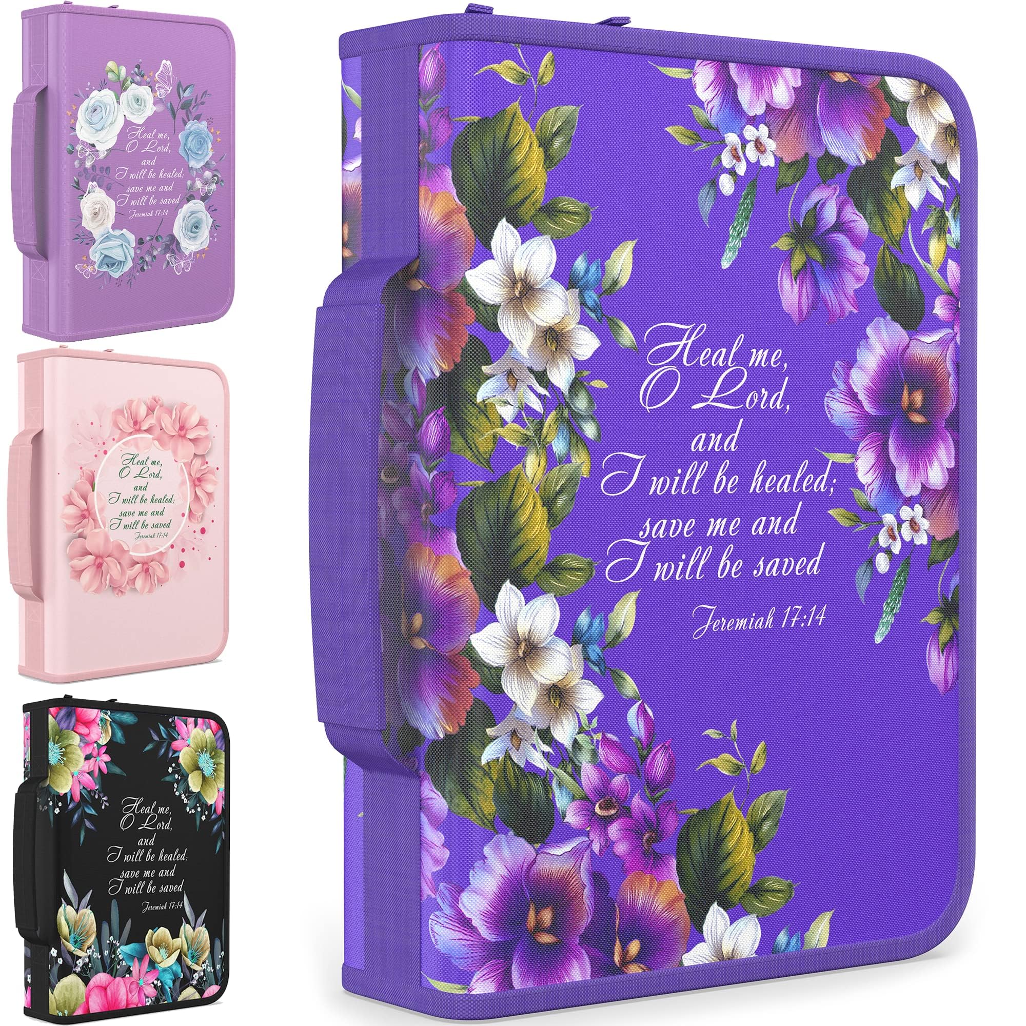 DEHITE Bible Cover Case for Women – Bible Carrying Bag Extra Large Size – | Fits Book 11.12x8x2.12 in | Pen Slots | Zippered Pocket | Premium Fabric – Purple Floral Bible Accessories Christian Gifts