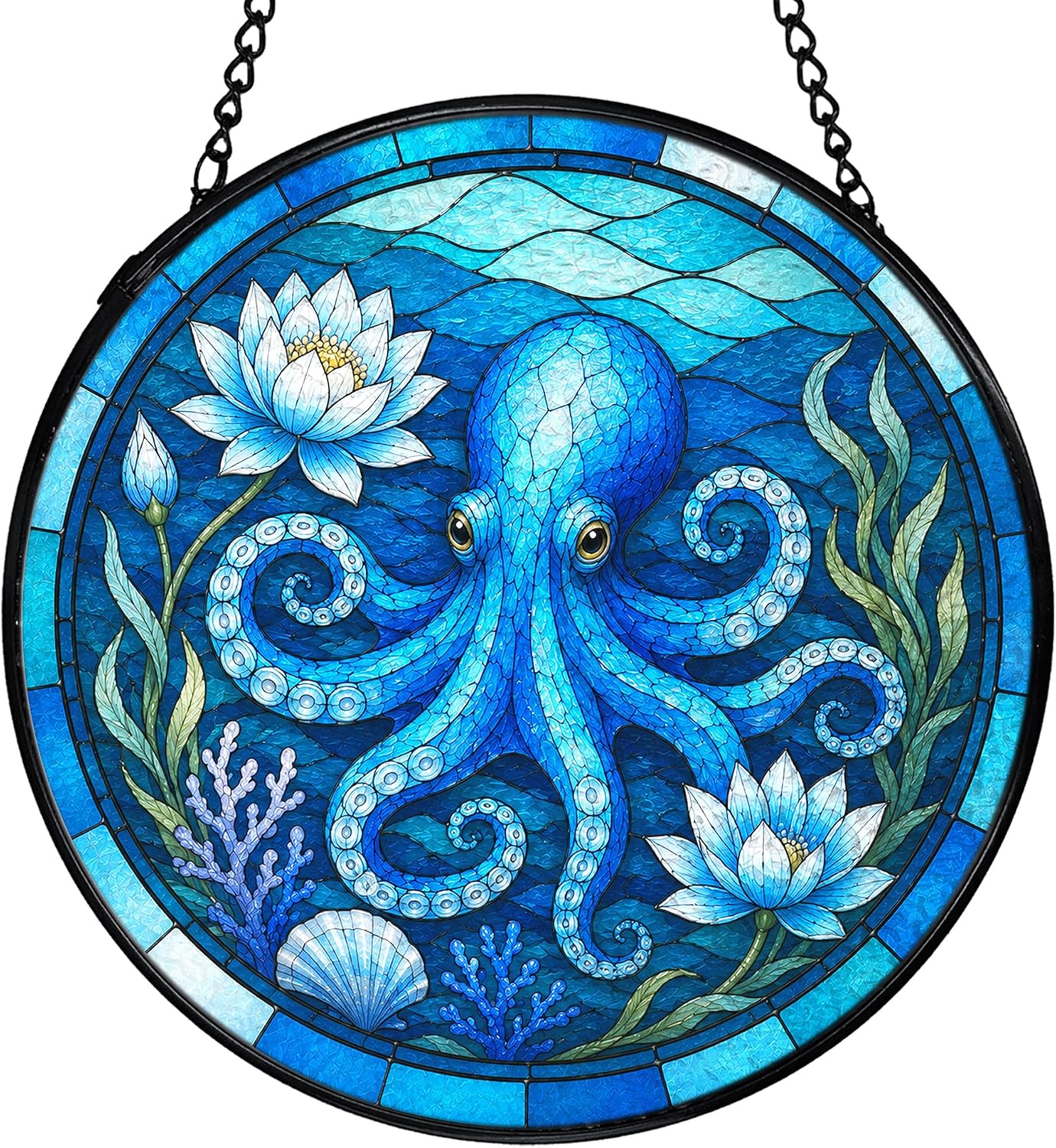 Blue Ocean Octopus Beach Stained Glass Window Hanging Suncatcher, Octopus Decor, Coastal Marine Life Flower Sun Catchers Indoor Window Glass Wall Art Decorations for Home Garden, 7.9x7.9 Inch