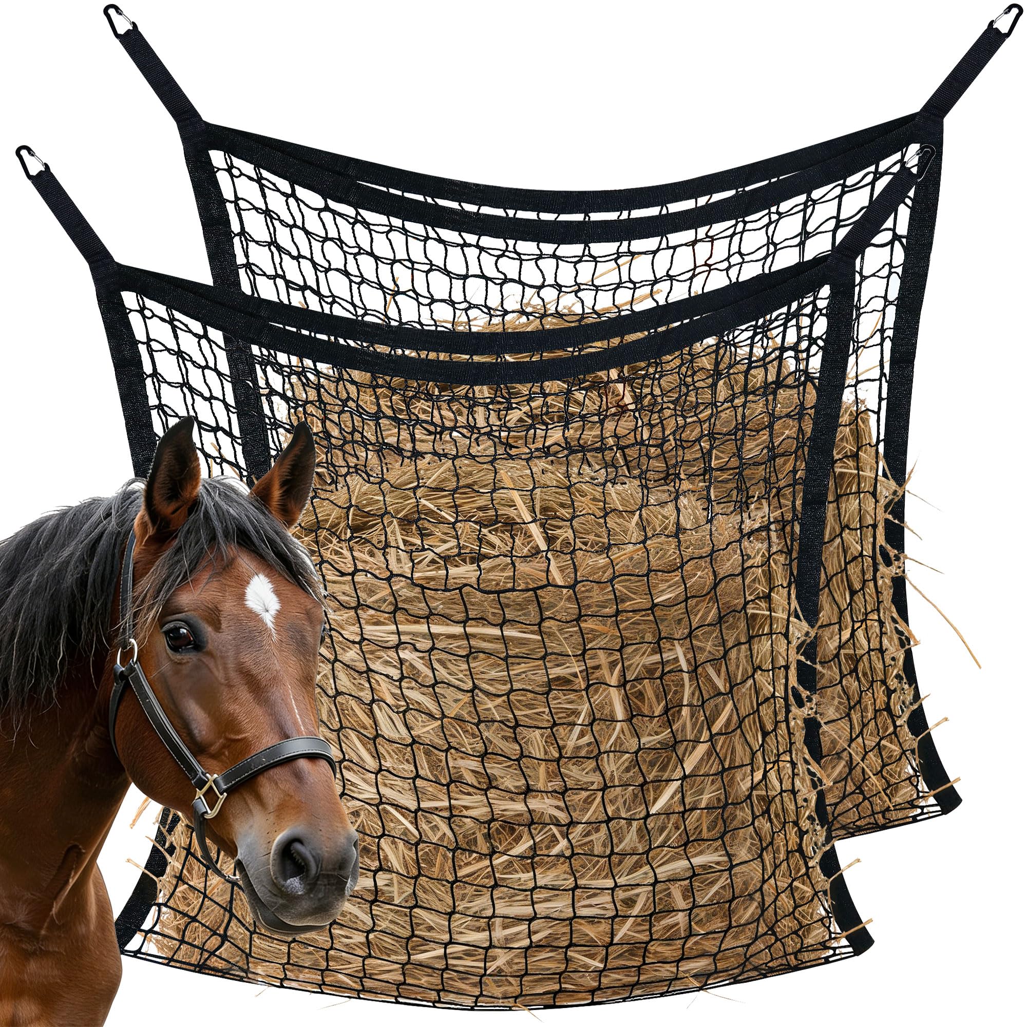 2PCS Hay Nets for Horses, 80x80cm Slow Feed Hay Net, Large Capacity Hay Bags Black Mesh for Horses Goats Sheep Donkey Trailer Full Day Feeding, Easy to Fill and Hang