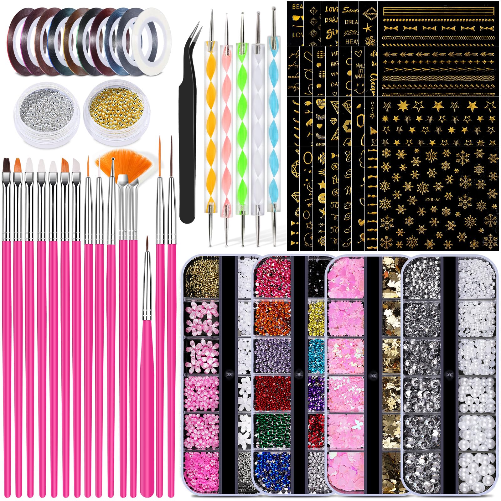 Kikonoke 20 Nail Art Brushes Kit with Striping Tapes, Rhinestones, Pearls, Butterfly Sequins, Flower Charms & Gold Stickers for Nails DIY Manicure