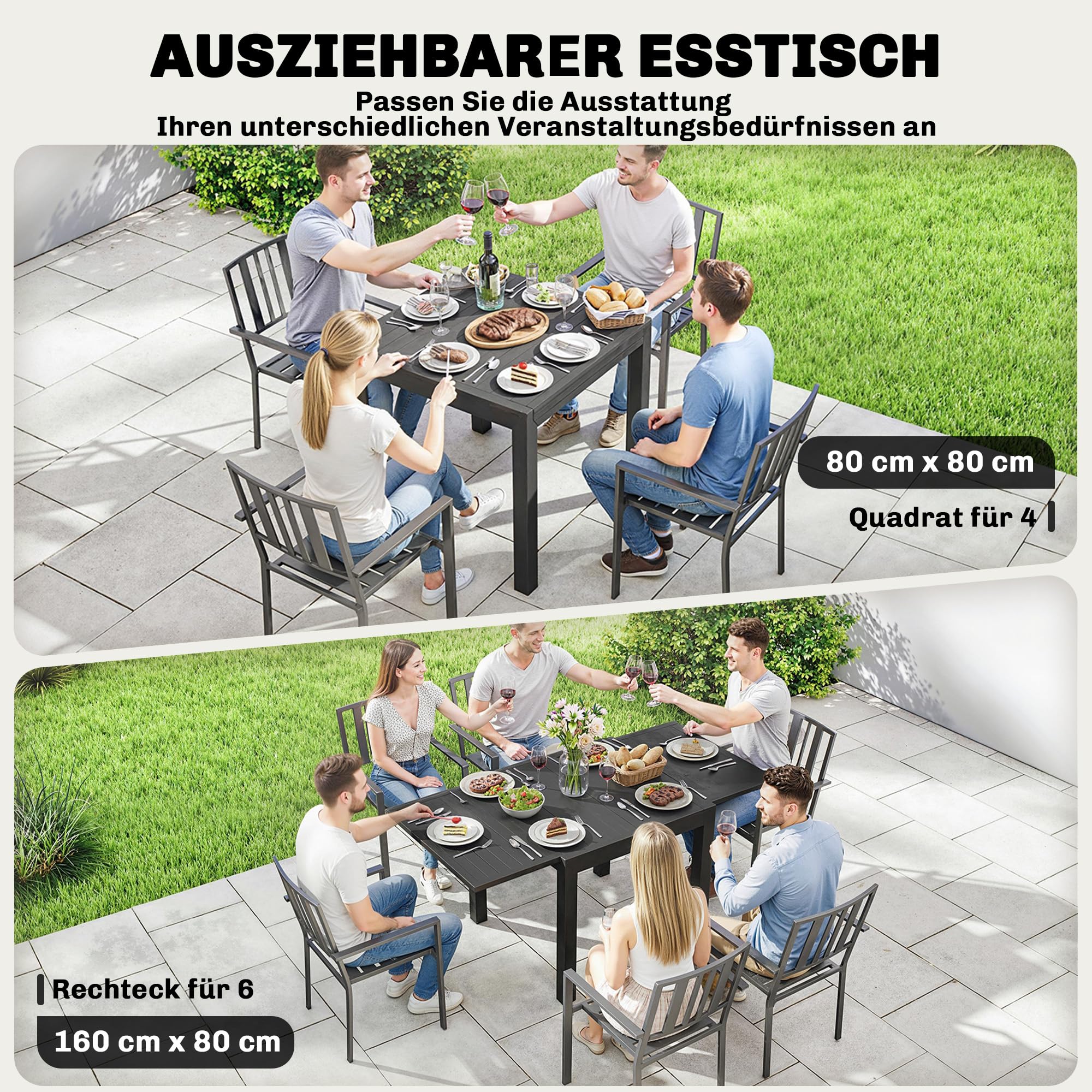 Outsunny Gartentisch Ausziehbar für 4-6 Personen 80/160 x 80 cm Schwarz | Aluminium Esstisch, Rechteckiger Balkontisch mit Lamellenplatte, Wetterfest, für Garten Balkon Terrasse