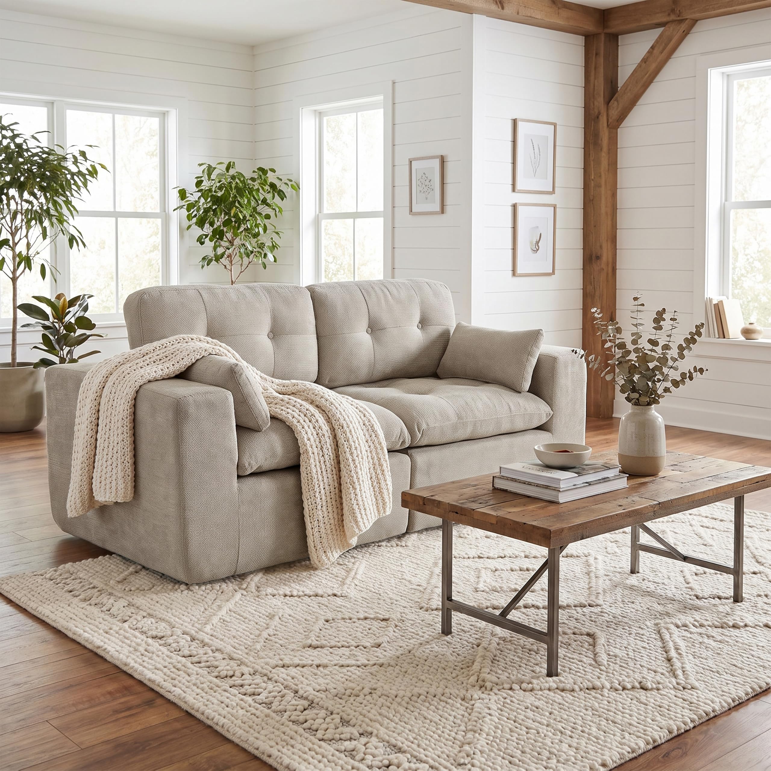 Goeurvant 2-Sitzer Modulares Sofa mit Schlaffunktion, Extra Tiefe Sitzfläche, Chenille Wohnlandschaft, Rahmenloses Couch Sofa, Flexible Schlafcouch für Wohnzimmer, Hellgrau Küche, Haushalt & Wohnen