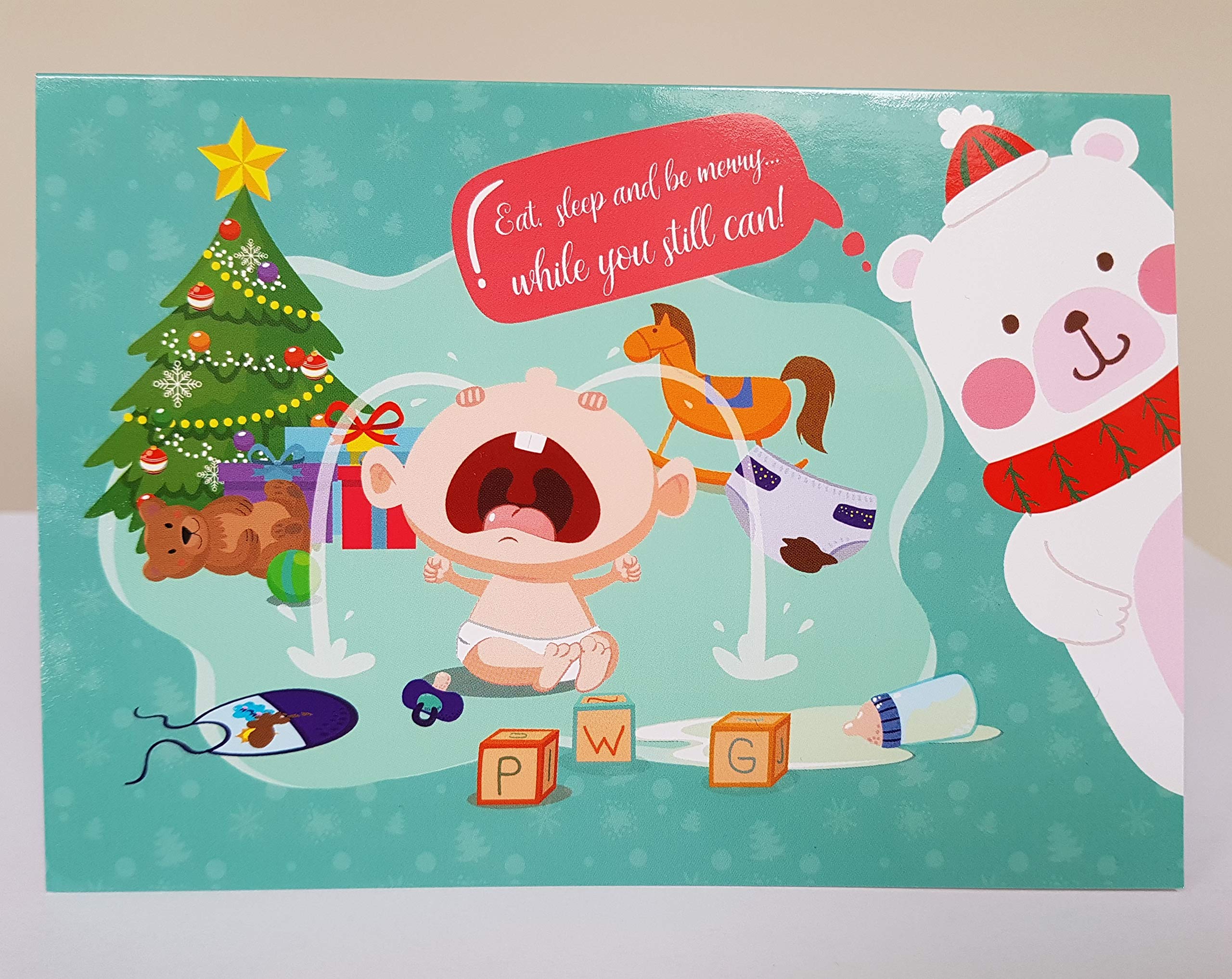 Thoughtful Fun Pregnancy Themed Christmas Cards for Expectant Mum Dad Parents (Sleep, Eat & Be Merry)