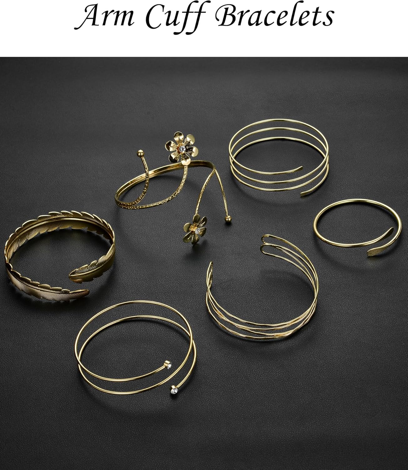 6 Pcs Arm Cuff Bracelets Open Upper Arm Bands Layered Coil CZ Flower Feather Leaf Swirl Wire Cuff Bangle Armlet Set for Women Gold Tone Adjustable - Image 5