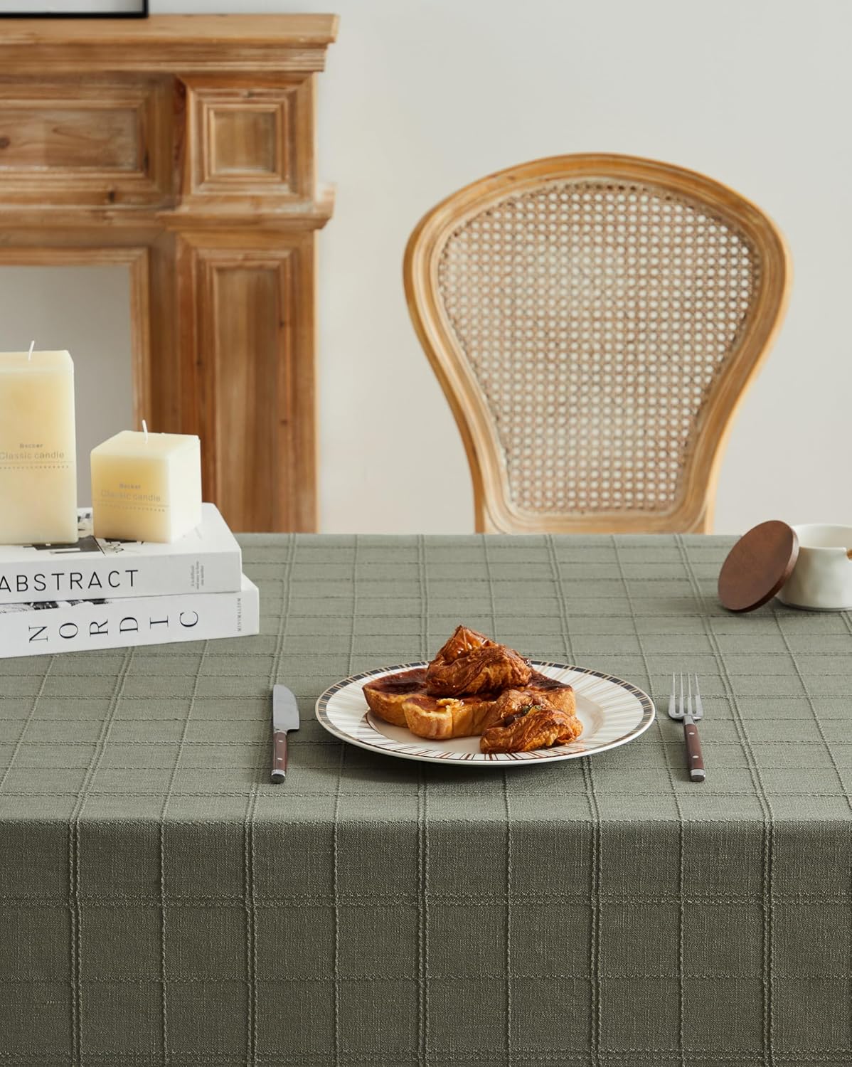 ZeeMart Linen Checked Table Cloth, Farmhouse Style Plaid Embroidered Green Tablecloth, Water Resistant Rectangle Table Cloth, Olive 60x84 Inches