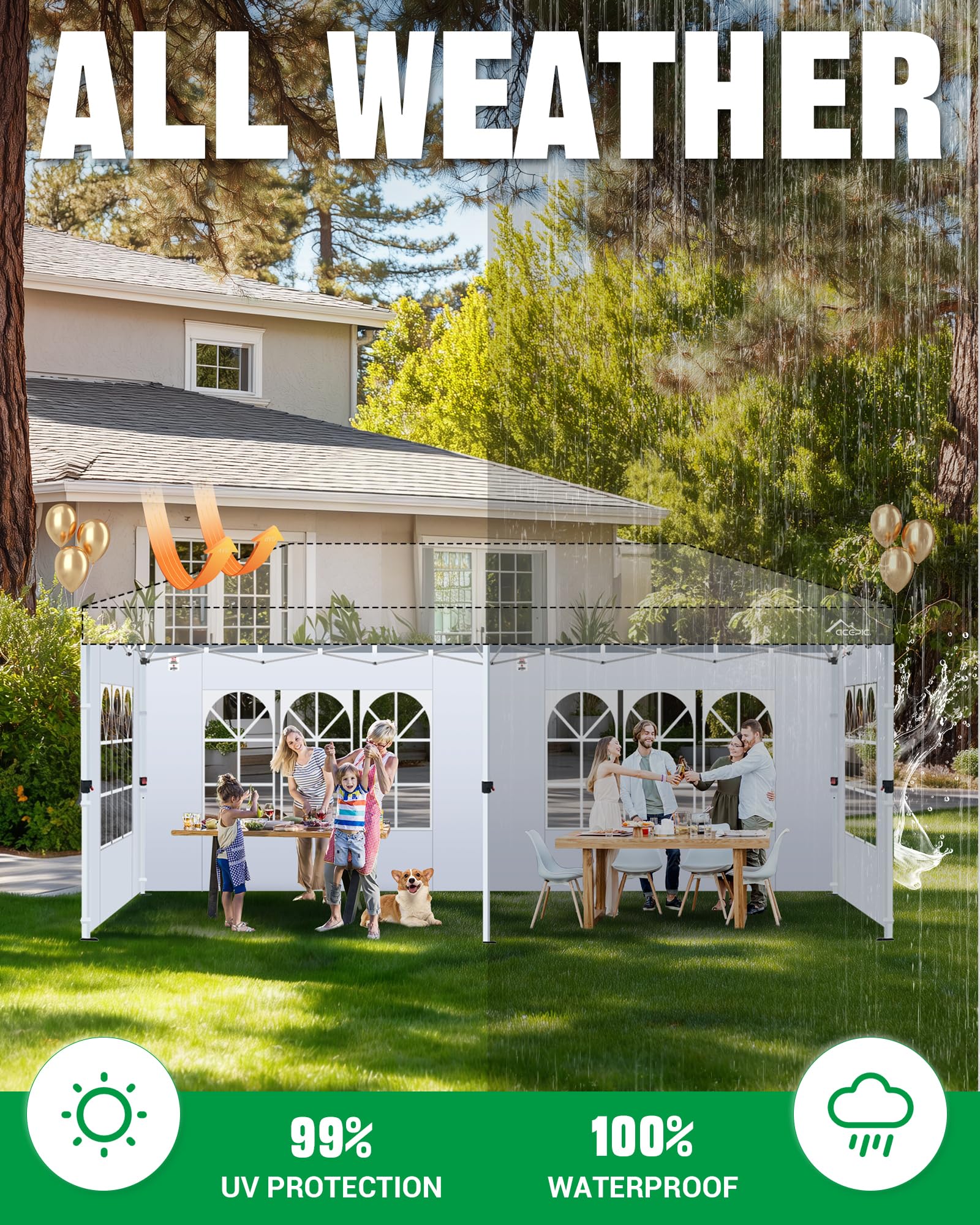Acepic Lot de 4 panneaux latéraux de tonnelle avec fenêtre et fermeture auto-agrippante pour tonnelle de 3 x 6 m, comme protection contre le vent et brise-vue pour tente de fête, imperméables (blanc