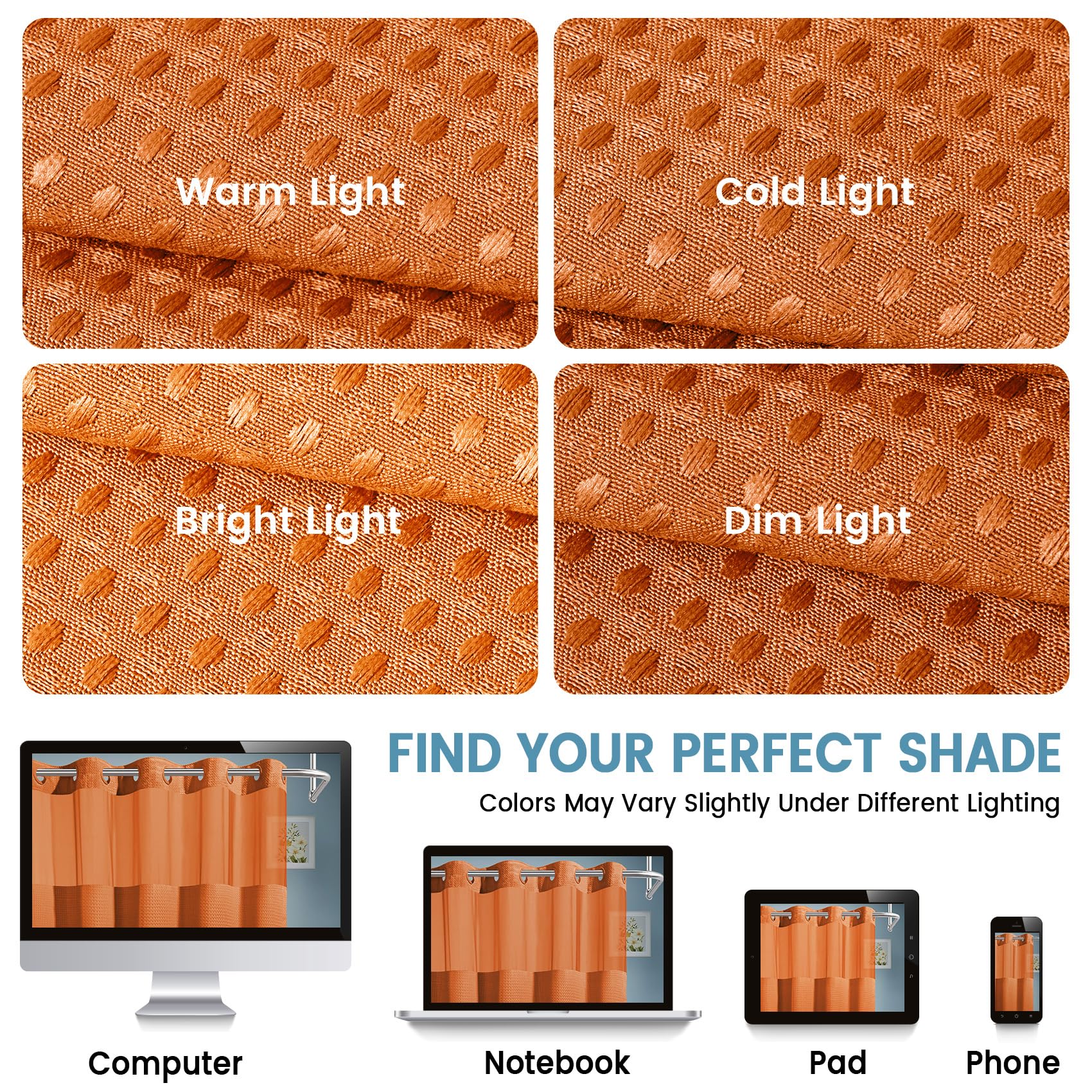 EUTXL Rideau de Douche sans Crochet avec Doublure à Clipser – 230 g/m² – Rideau de Douche à Tissage gaufré pour Salle de Bain – Orange brûlé – 180 x 188 cm (l x H)