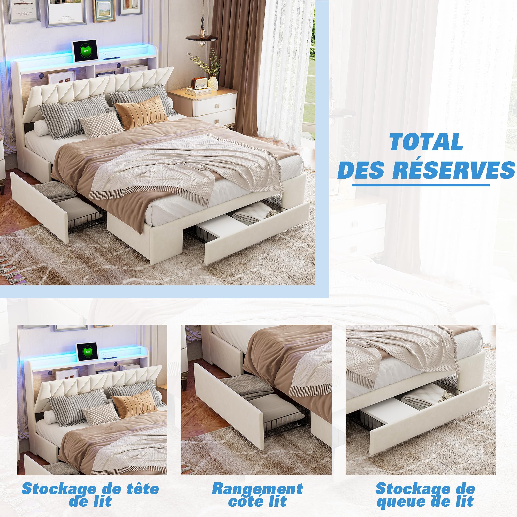 Lit Coffre 140x200 Avec Sommier Et 3 Tiroirs - Tête De Lit Rangement LED USB - Velours Beige Pour Adulte Et Ado