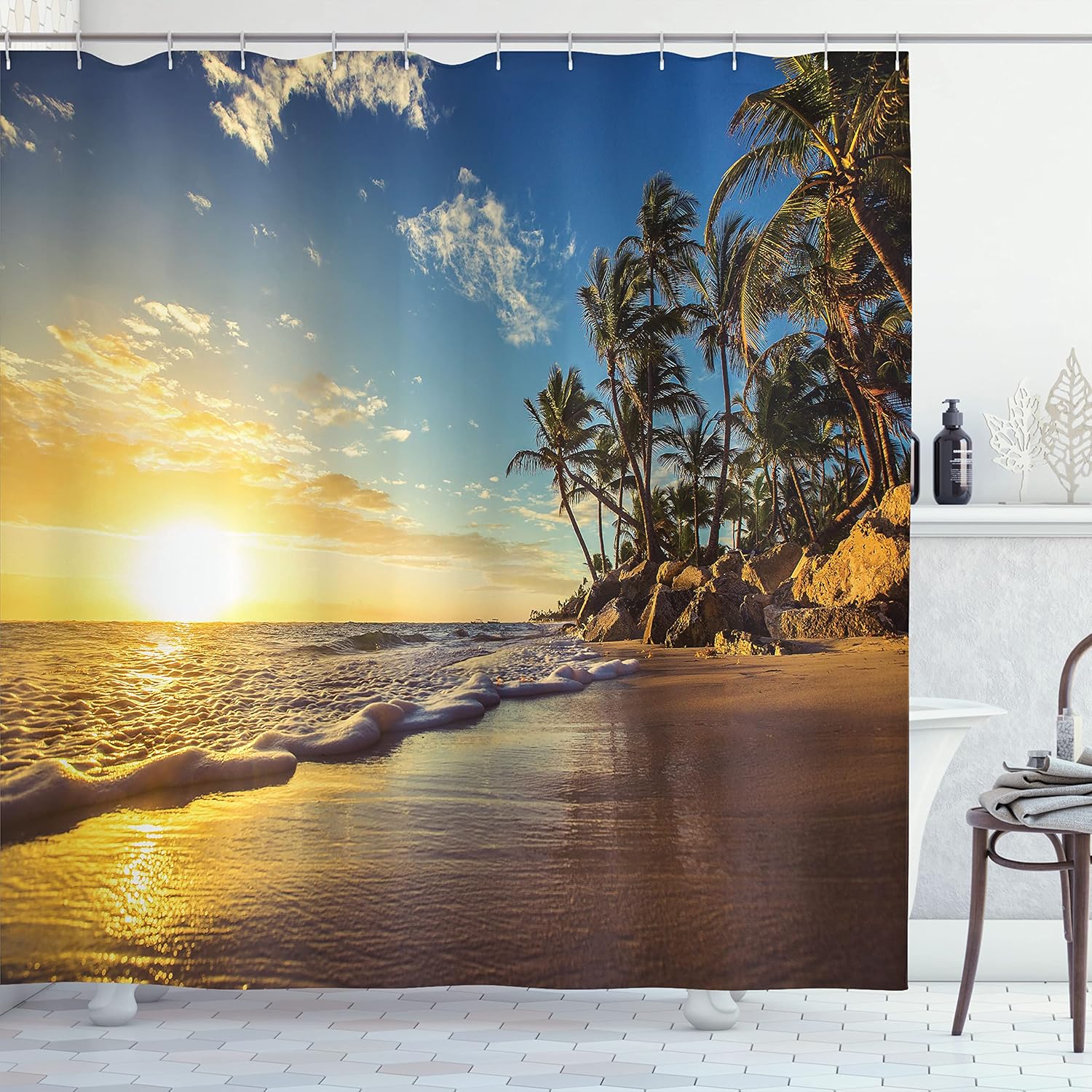 Ambesonne Ocean Shower Curtain, Image of Palm Trees on Exotic Beach at Sunset Waves in The Ocean Dominican Paradise, Cloth Fabric Bathroom Decor Set with Hooks, 69" W x 70" L, Forest Green Soft Blue