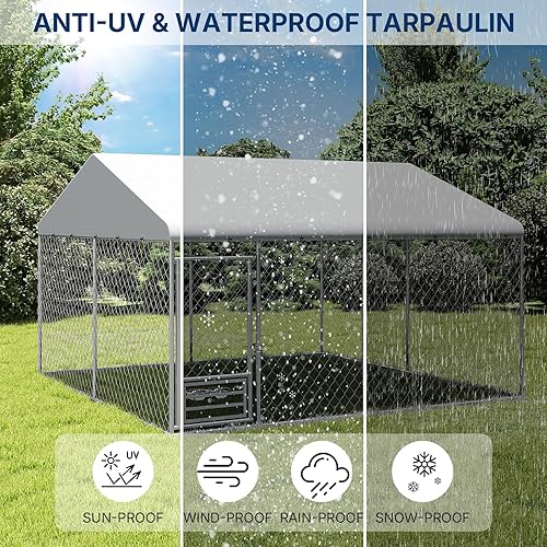 Miniatura 3 de Perrera para perros XL de 10 x 10 pies  Perrera exterior con techo, perreras cubiertas con puerta de alimentación, recinto para perros al aire libre