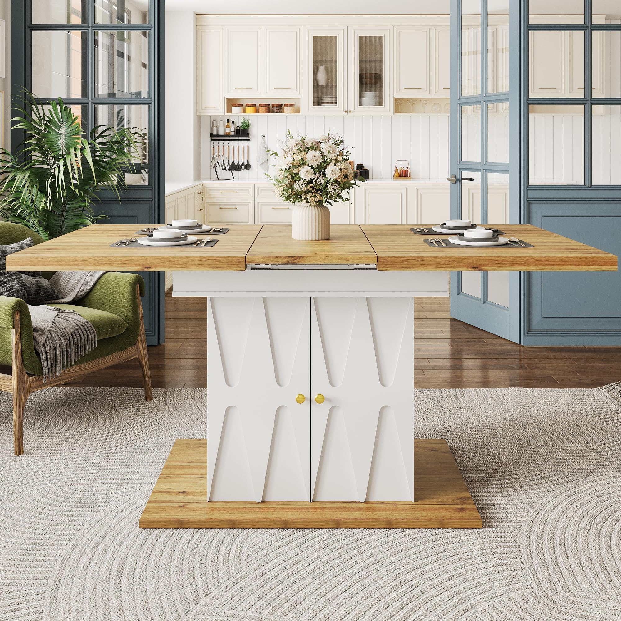 FammyLoft Extendable Dining Table, Kitchen Tables with Integrated Storage Space, Wood Veneer with Relief Pattern, Extension Table for Kitchen & Living Room, 110-140 * 70 * 76.5cm, White