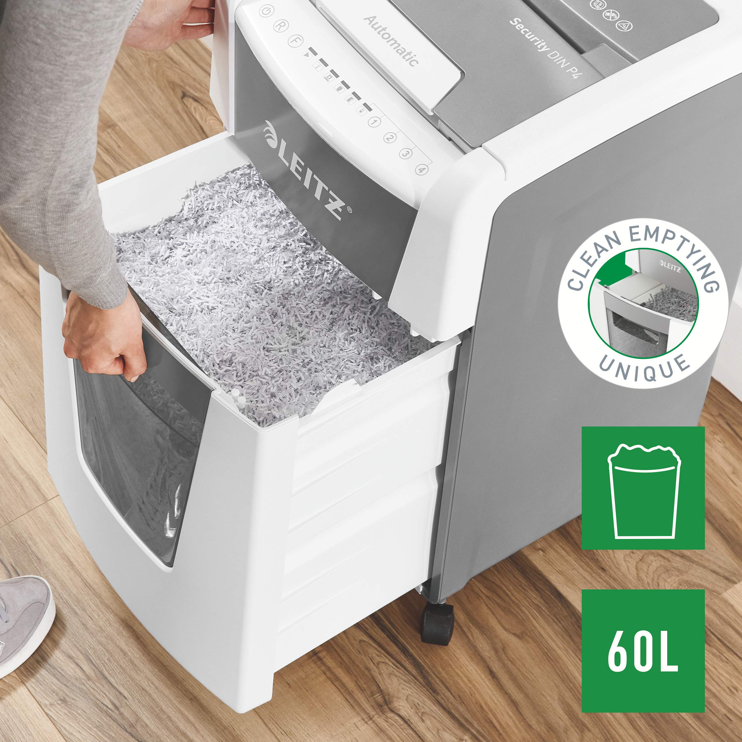 LEITZ IQ Autofeed 300 P-4 Office, Distruggidocumenti Automatico, 300 Fogli, Taglio a Frammenti, Sicurezza P-4, Capacità 60 litri, 80150000