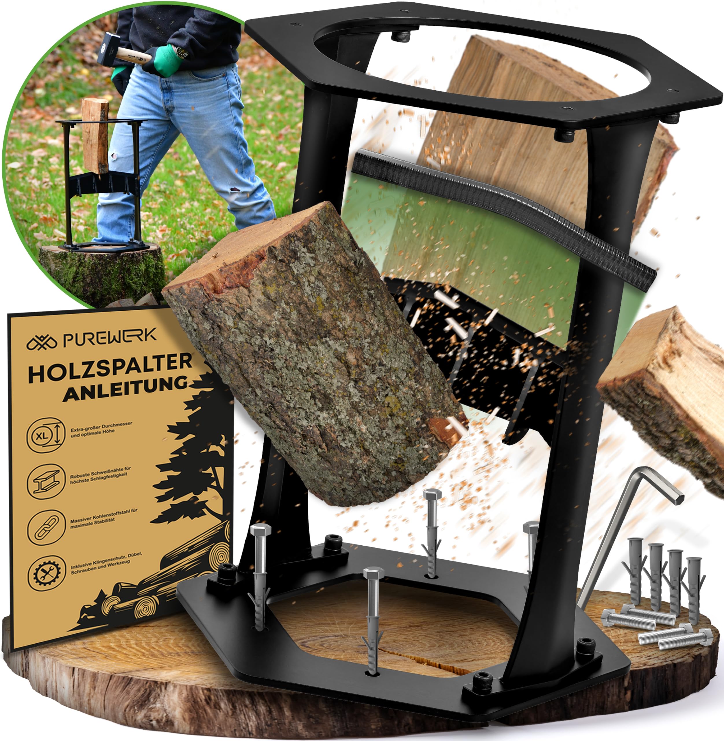 Holzspalter manuell [Ø 22 cm] - robuster Holz-Spalter für Anzündholz aus Kohlenstoffstahl mit extra-großem Durchmesser - inkl. Klingenschutz, Tasche & Zubehör zur Boden-Montage