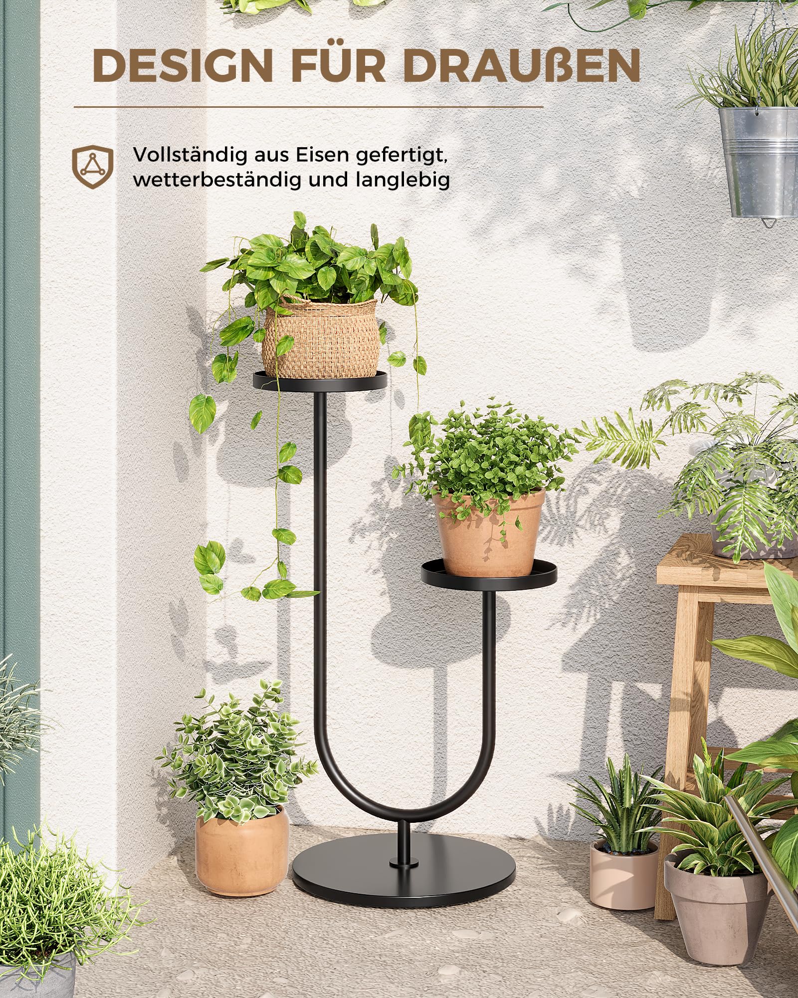 Bamworld Blumenständer Metall Schwarz, Pflanzenständer Indoor Outdoor, Modernes 2-stufiges Pflanzenregal, Stabiler Blumentopfhalter für Wohnzimmer, Balkon, Garten