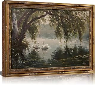 Vintage Gold Framed Landscape Wall Art Vintage River Painting Canvas Prints Landscape Wall Decor Countryside Swan Painting Style Poster Print Artwork for Living Room Bedroom Home Decoration