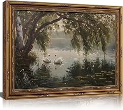Vintage Gold Framed Landscape Wall Art Vintage River Painting Canvas Prints Landscape Wall Decor Countryside Swan Painting Style Poster Print Artwork for Living Room Bedroom Home Decoration