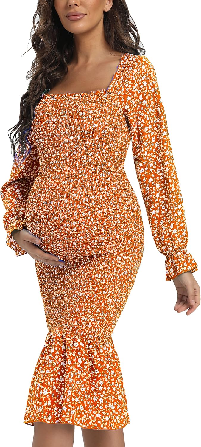 Maternity Spring Floral Midi Bodycon Dresses, Short Puff Sleeve Square Neck Ruffle Hem Mermaid Baby Shower Dress Orange M