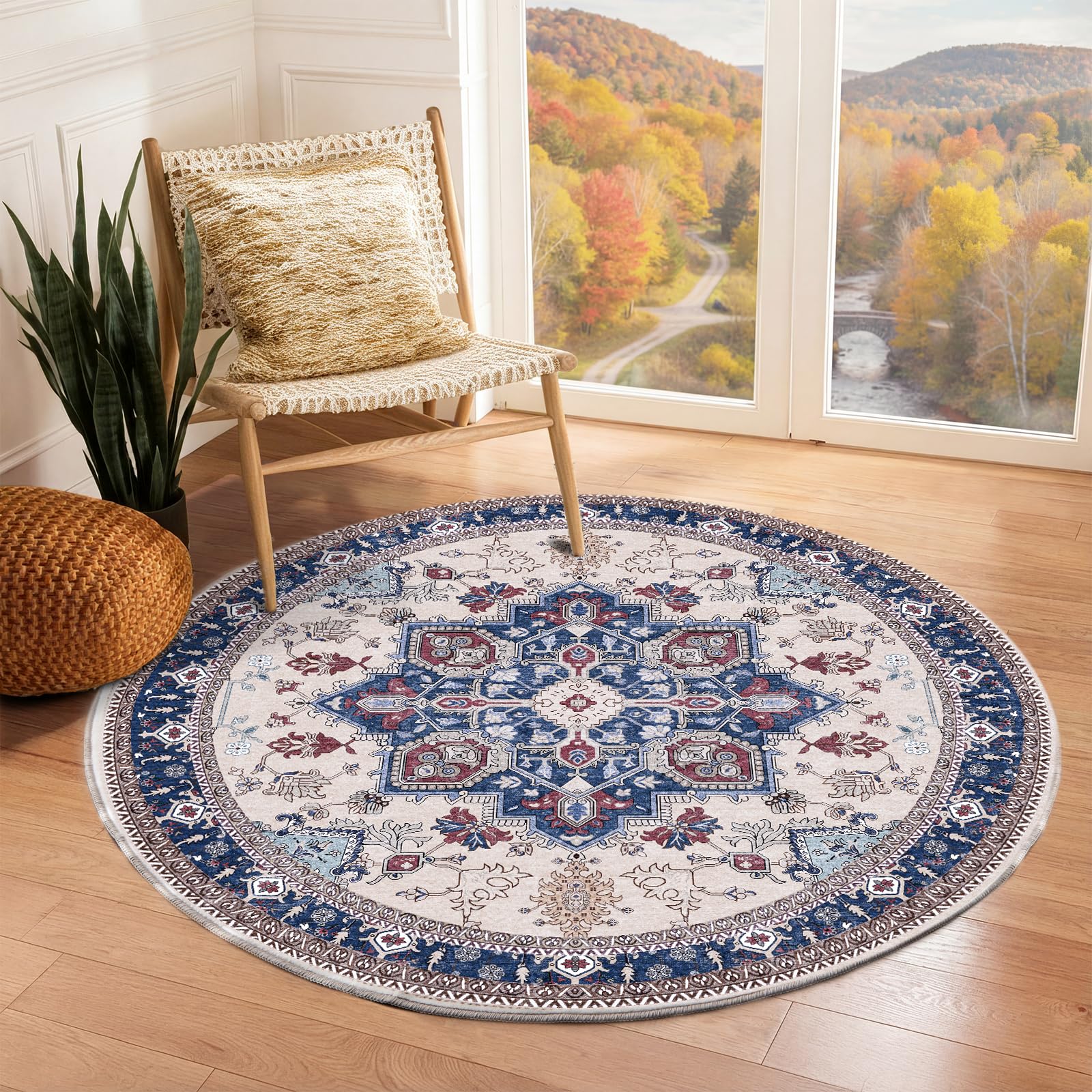 OPPODREAM Soft Round Rug 3ft, Washable Circle Rug 3ft with Non Slip Backing Play Room, Low-Pile Carpet 3 ft, Small Faux Cashmere Throw Carpet, Navy