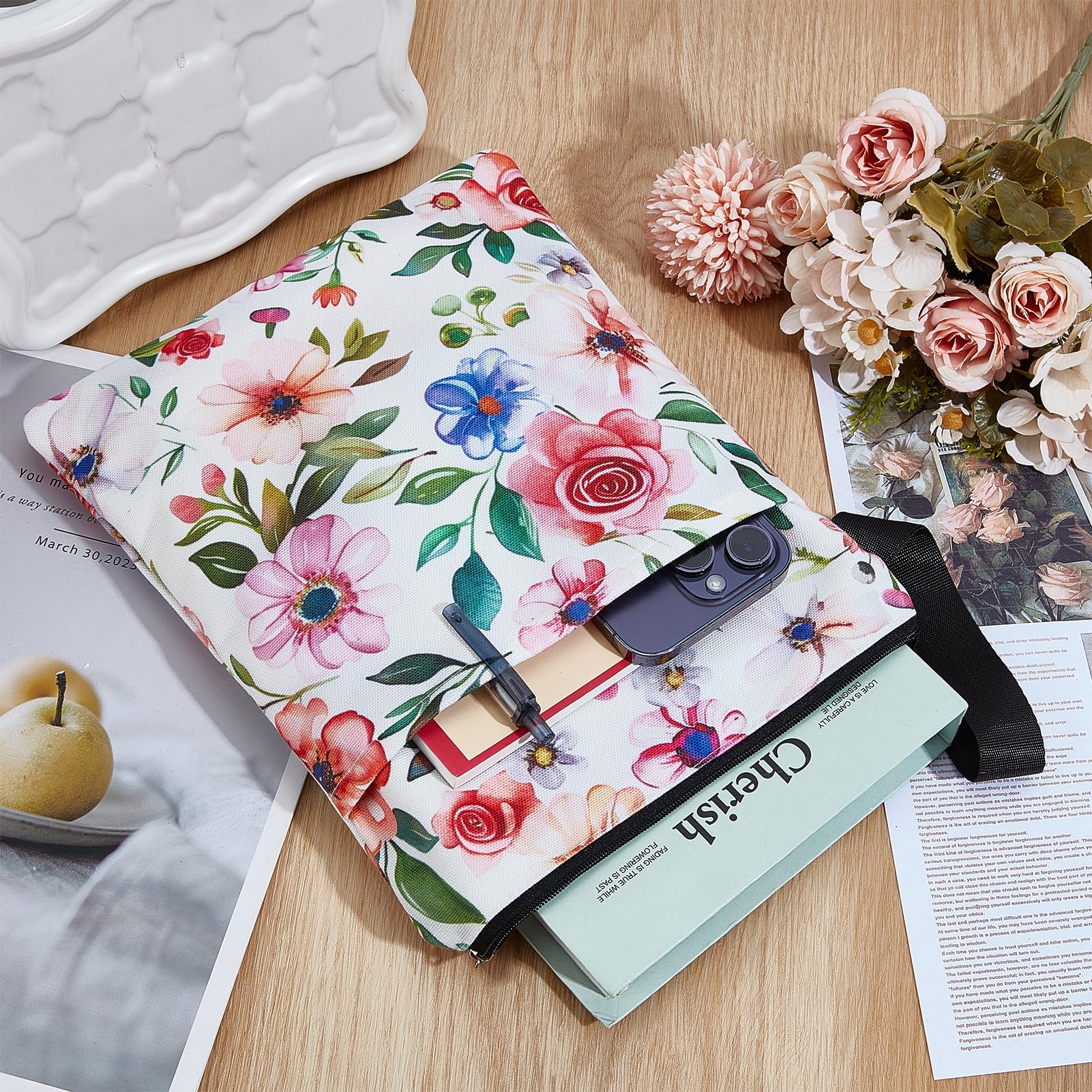 NICENEEDED Rose Thicken Book Cover with Zipper, Book Sleeve with With Wider Rope - Image 3