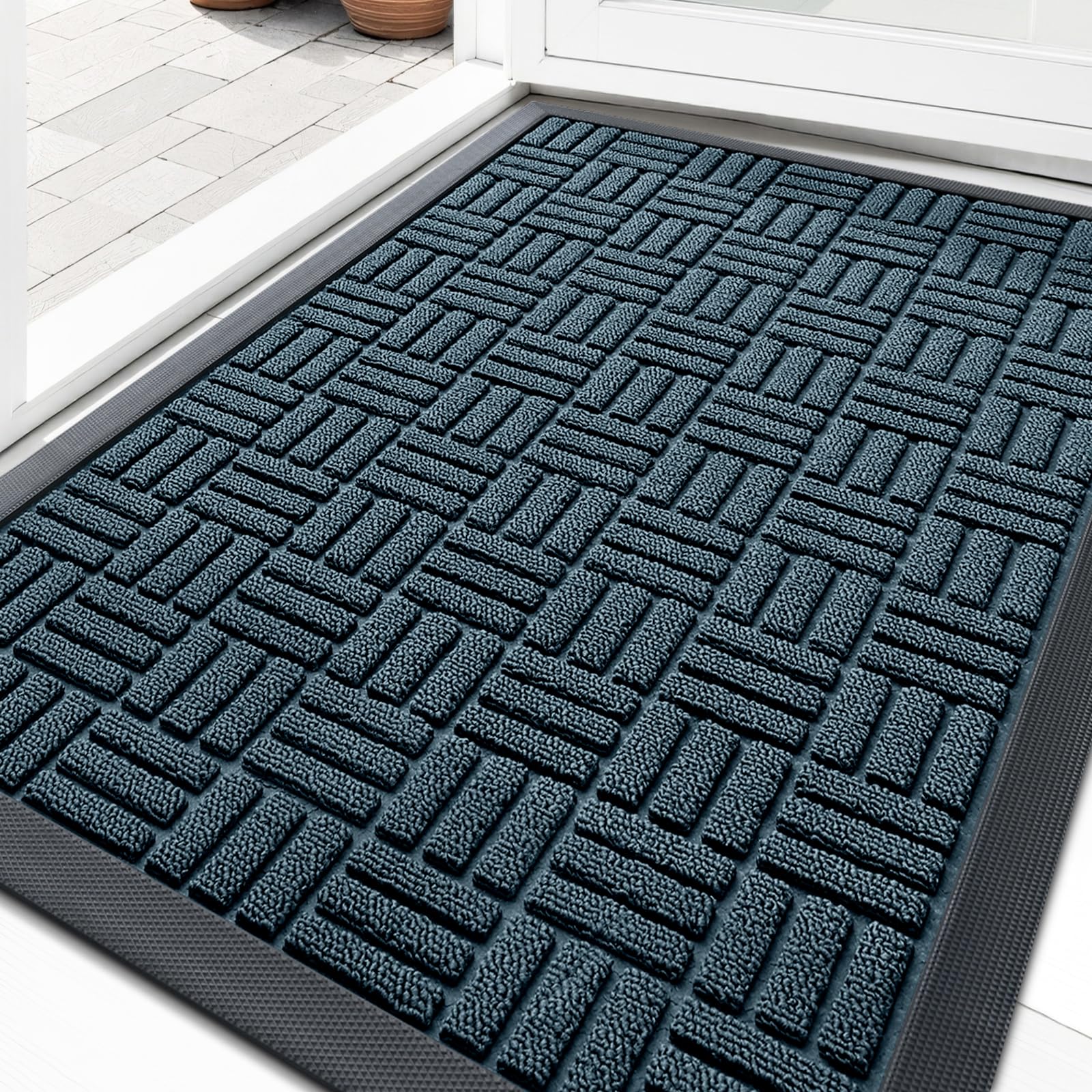 OLANLY Front Door Mat Outside Entrance 33x21, Heavy-Duty Rubber Doormat | Lake Blue, Stain and Fade Resistant, Non-Slip Backing, Low-Profile Indoor Outdoor Floor Mat for Entryway, Easy to Clean