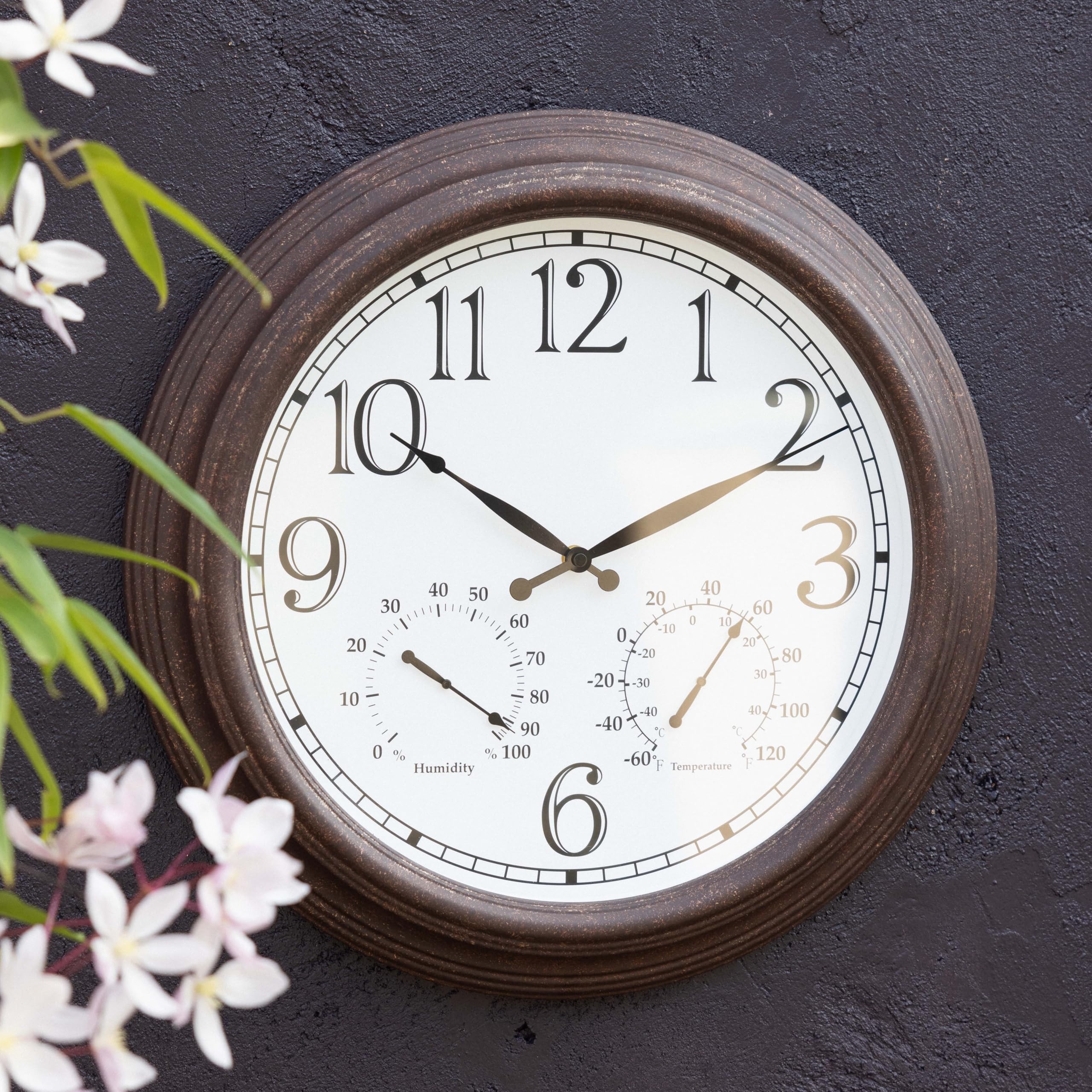 Primrose Outdoor Garden Wall Clock with Thermometer and Hygrometer Antique Brown 47cm
