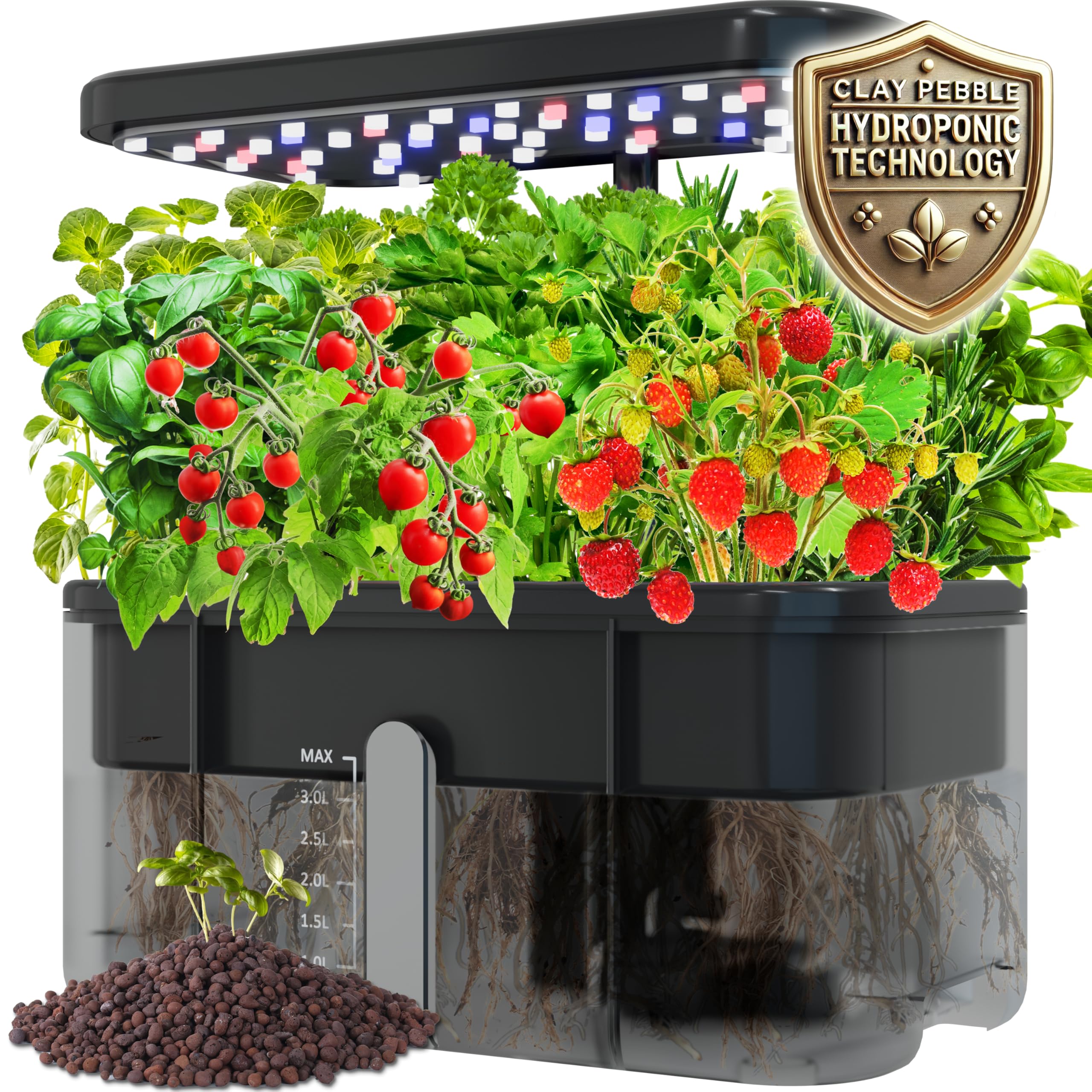 Clay Pebble Hydroponics Growing System Kit - Indoor Herb Garden with Smart LED Grow Light, Adjustable Height, and Complete Grow Kit - Nutrients Included for Cutting-Edge Indoor Gardening.