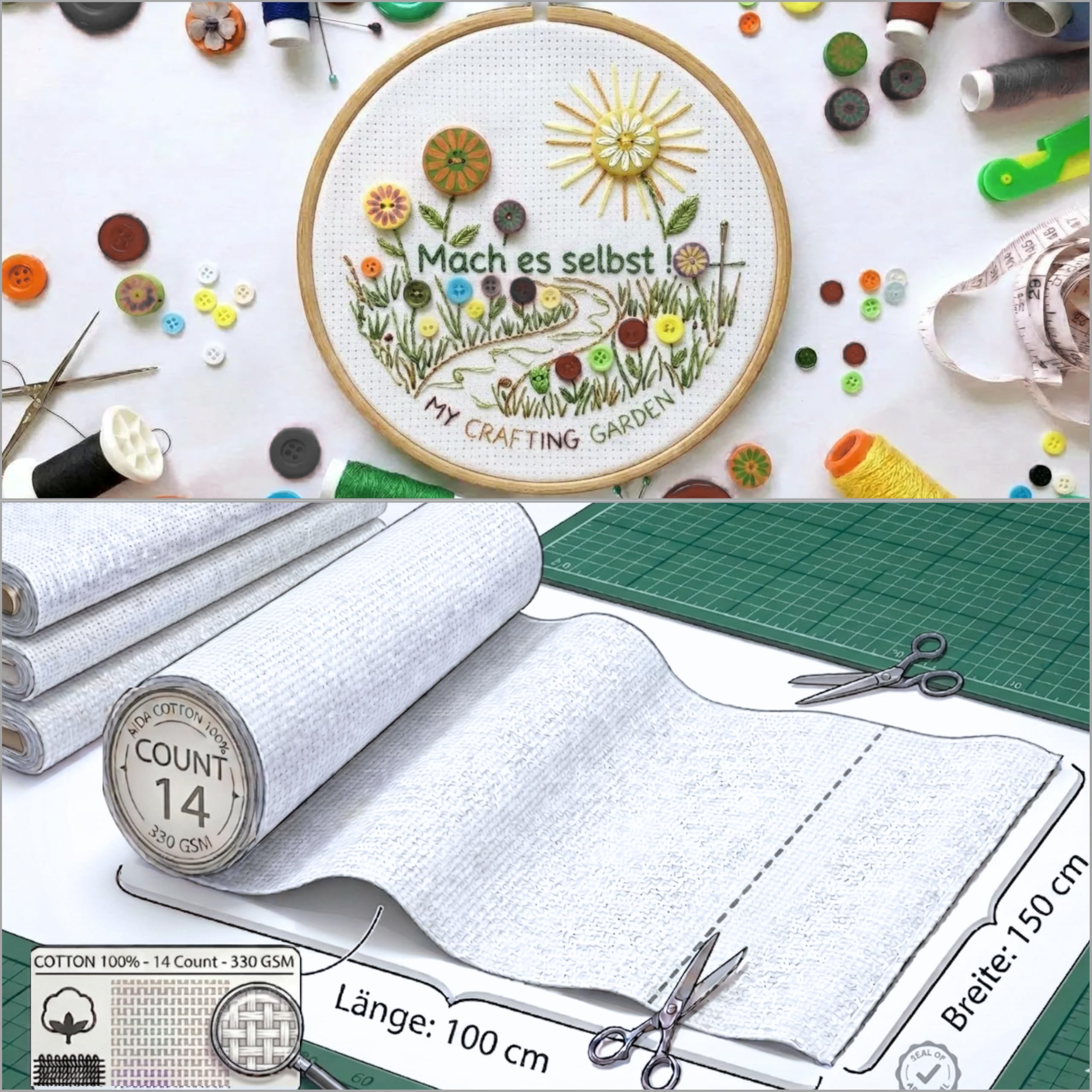 Tessuto Aida Virginia Tex per punto croce e ricamo COUNT 11, tessuto Aida da 100 cm x 150 cm, colore bianco, 100% cotone, tessuto di alta qualità per ricamo e lavori creativi (bianco)