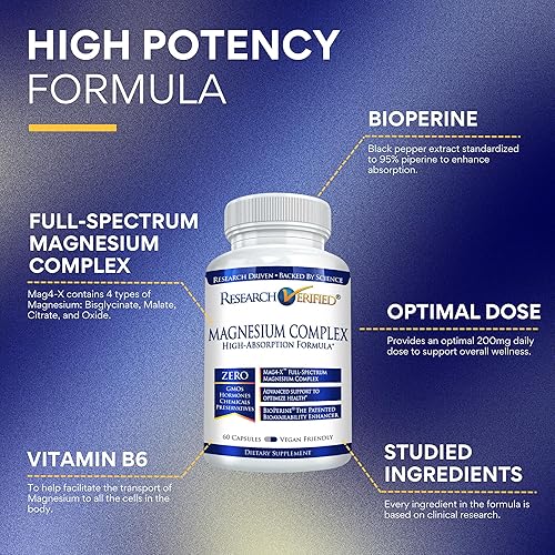 Miniatura 2 de Research Verified Complejo de magnesio - Soporte cerebral, muscular y nervioso - Bisglicinato de magnesio, malato, citrato y óxido - Bioperina - 360