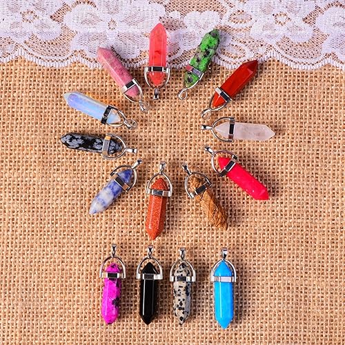 Miniatura 6 de Dije de piedra preciosa en forma de bala, cristal hexagonal y de punta de los chakras, dijes de cuarzo, piedra artificial con bolsa para guardarlo