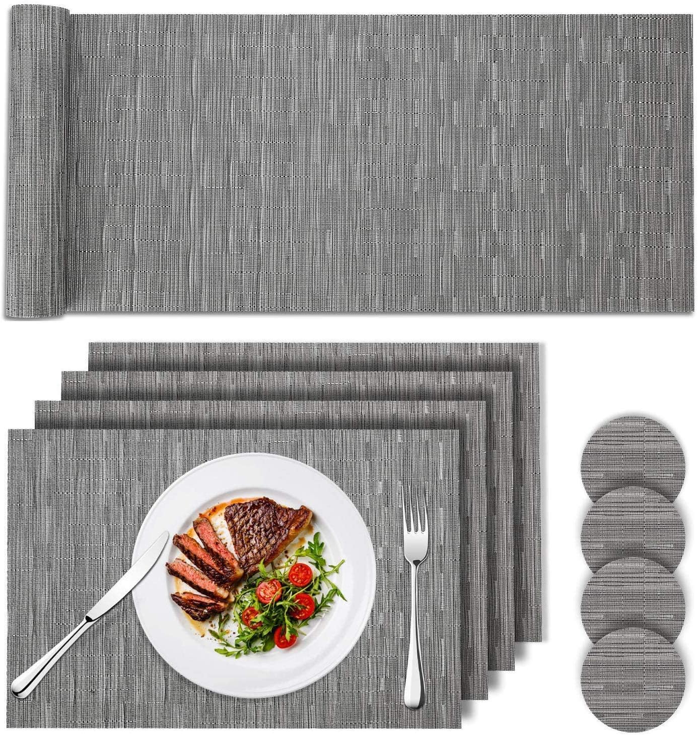 Placemats, Table Mats Set with 4 x Placemats 4 x Coasters 1x Long Table Mat Resistant Anti Slip Table Place Mats and Coaster Sets for Home Restaurant (Grey)