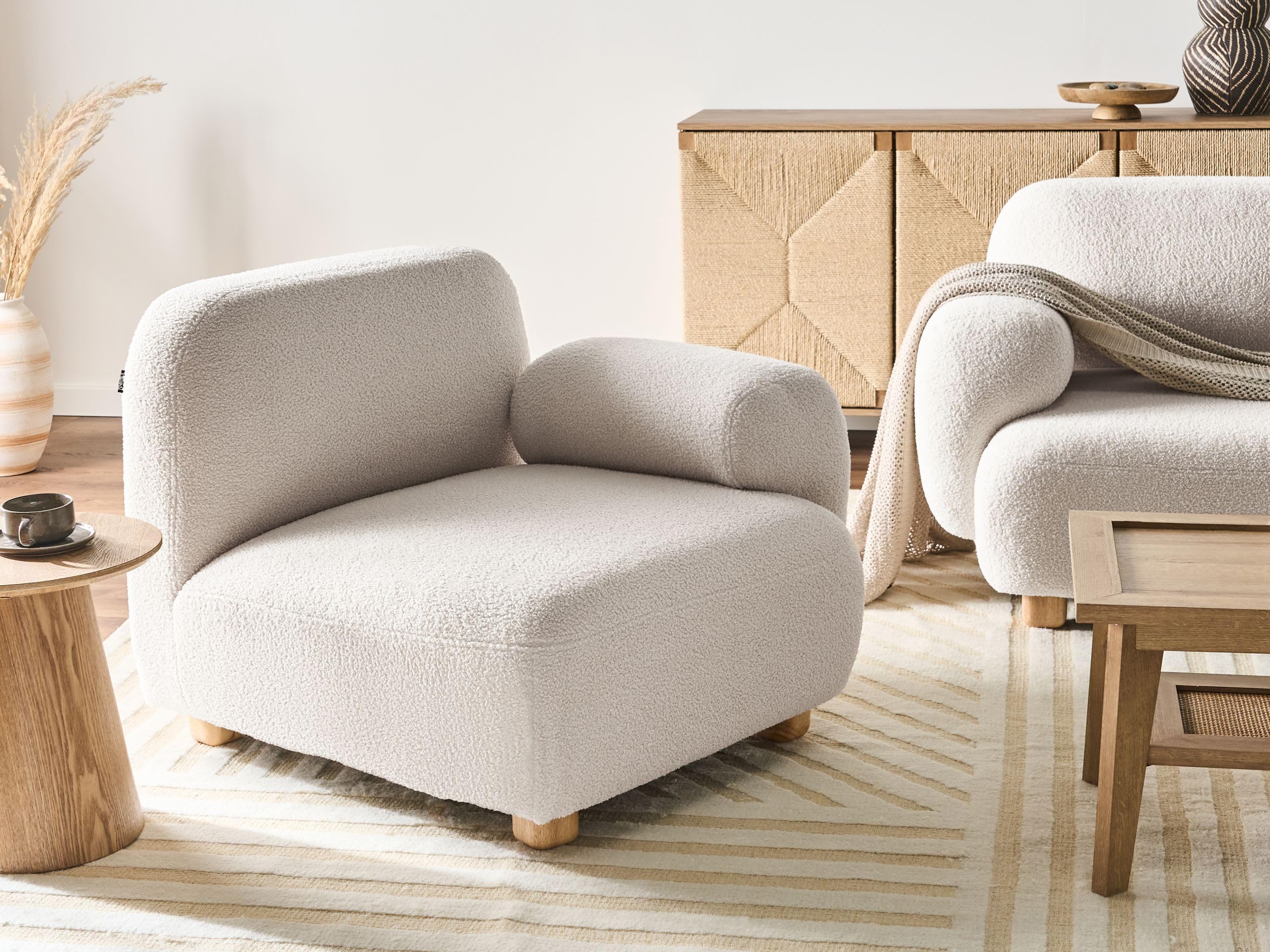 Beliani Sessel linksseitig Bouclé cremeweiß gepolstert modular mit Armlehne Lehne & Holzbeinen modern Amli