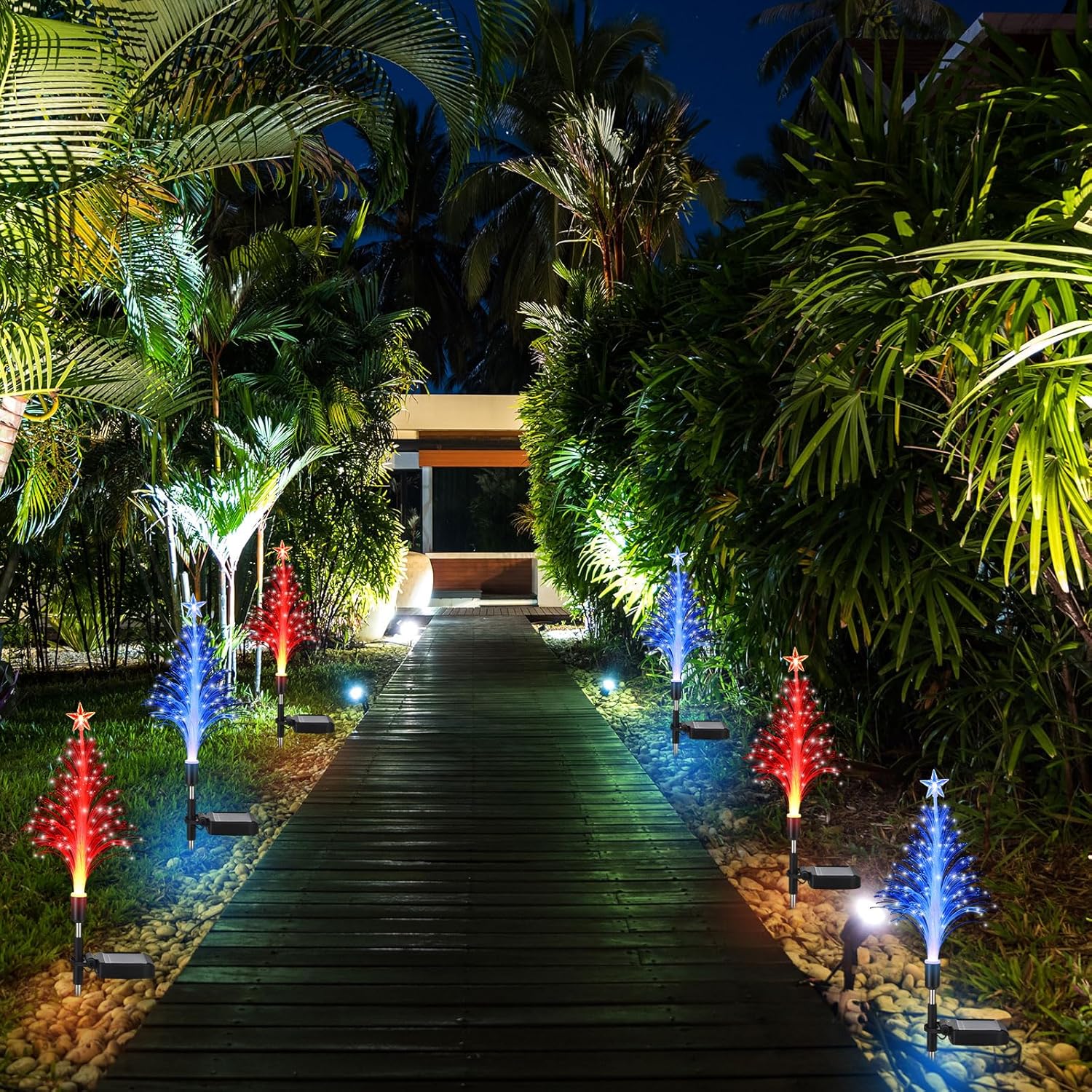 Baquler 6 Pack Solar Christmas Tree Garden Stake Lights Outdoor Waterproof Color Changing Christmas Lighted Yard Decorations Optical Fiber Xmas Pathway Lights for Lawn Patio Cemetery(Red, Blue)
