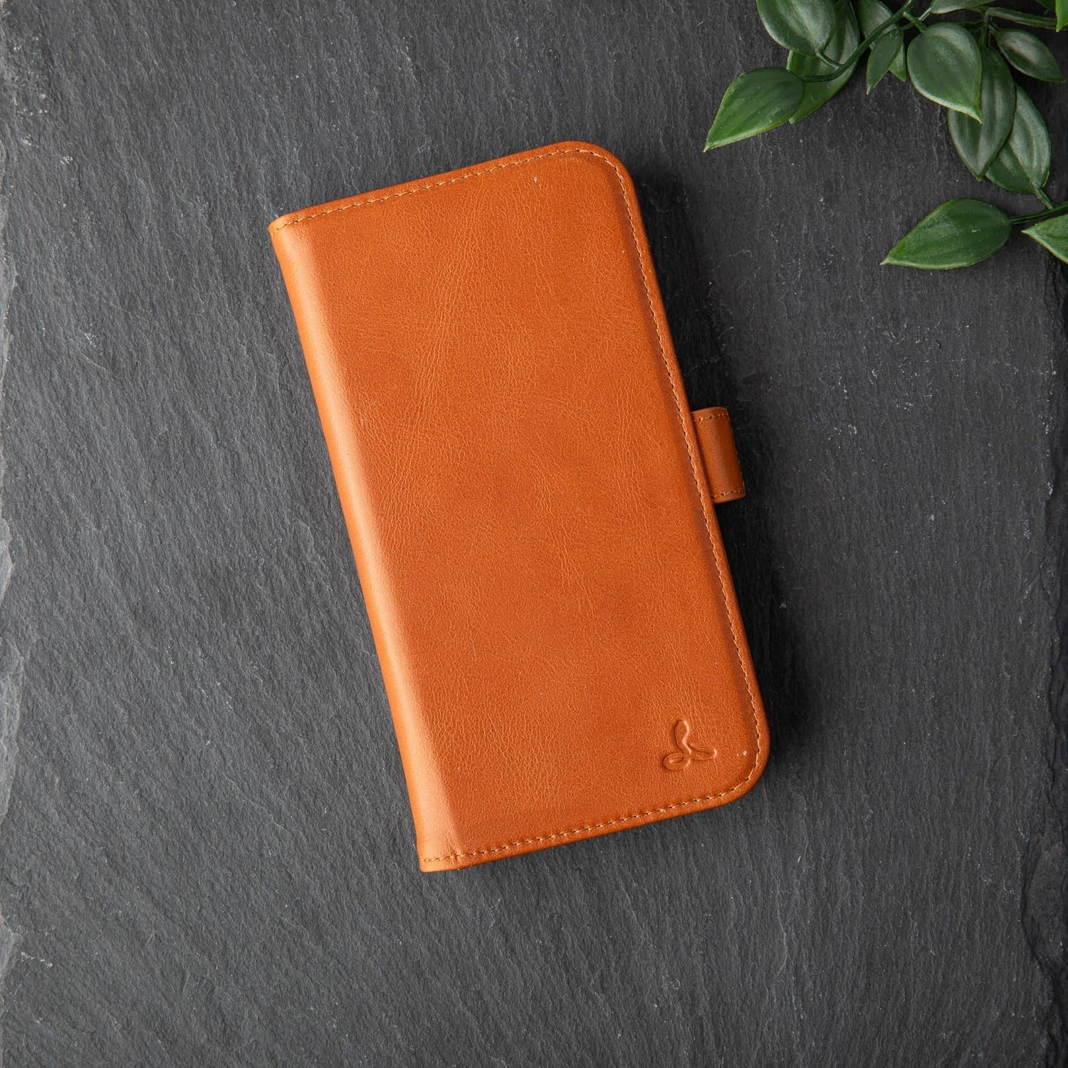 Snakehive Genuine Leather Wallet Case for iPhone 14 Pro – Flip Cover with Card Slots & Stand (Smooth Tan)