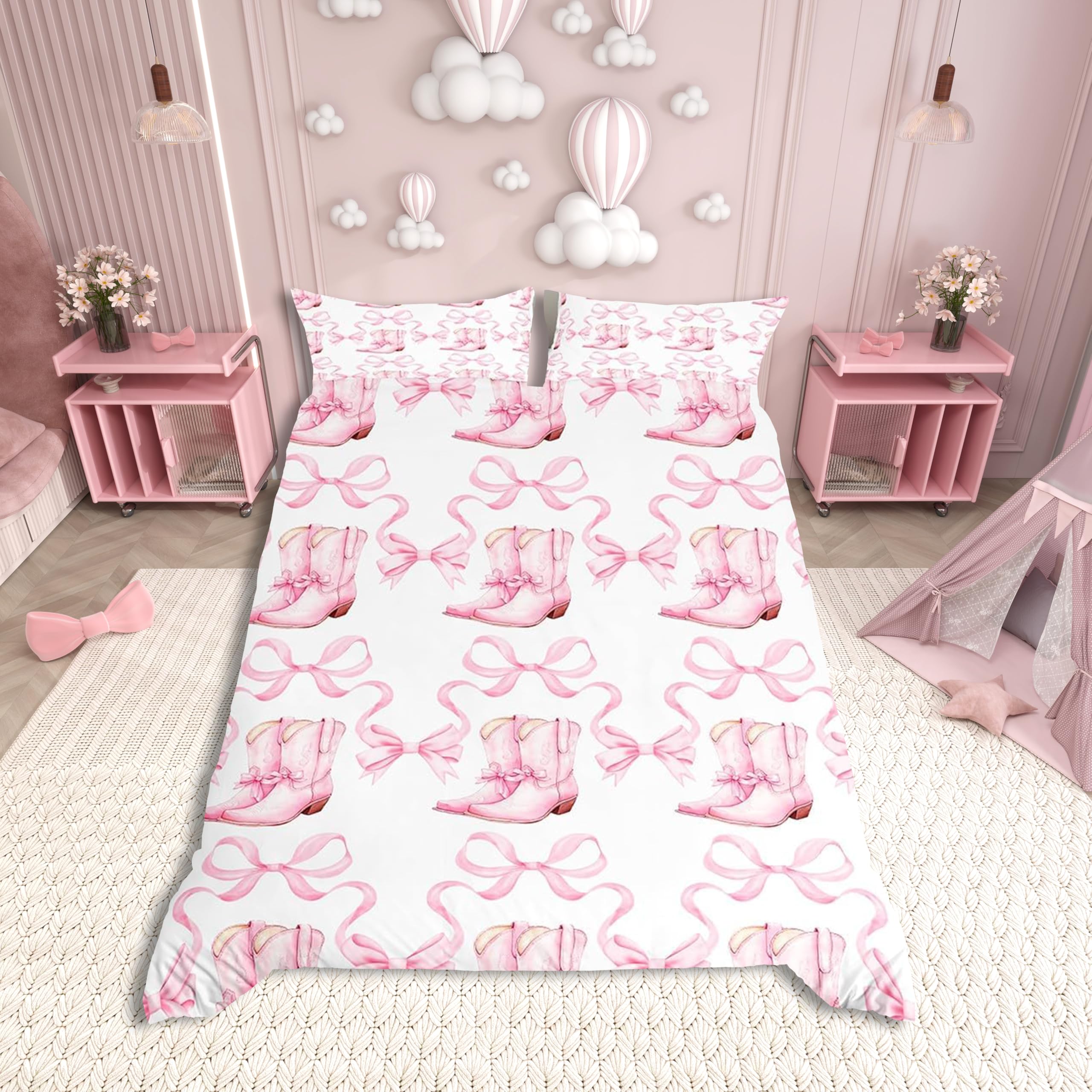 Cowgirl Boots Duvet Cover Set Double Size,Western Cowgirl Theme Princess Style Bedding Set,Girls Boys Teens Room Decor,Watercolor Pink Bowknot Ribbon Bow-tie Stripes Quilt Cover,No Comforter