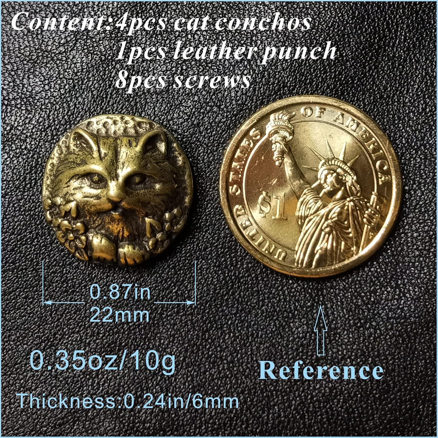 Conchos Screws Chicago Rivets for Leather Craft Work, Brass Persian Cat Buttons for Cobbler, Stud Back for EZ DIY Denim Decoration, Rapid Nail for Bag, Belt, Boots, Jacket, Gifts for Cat Lovers [4pcs]
