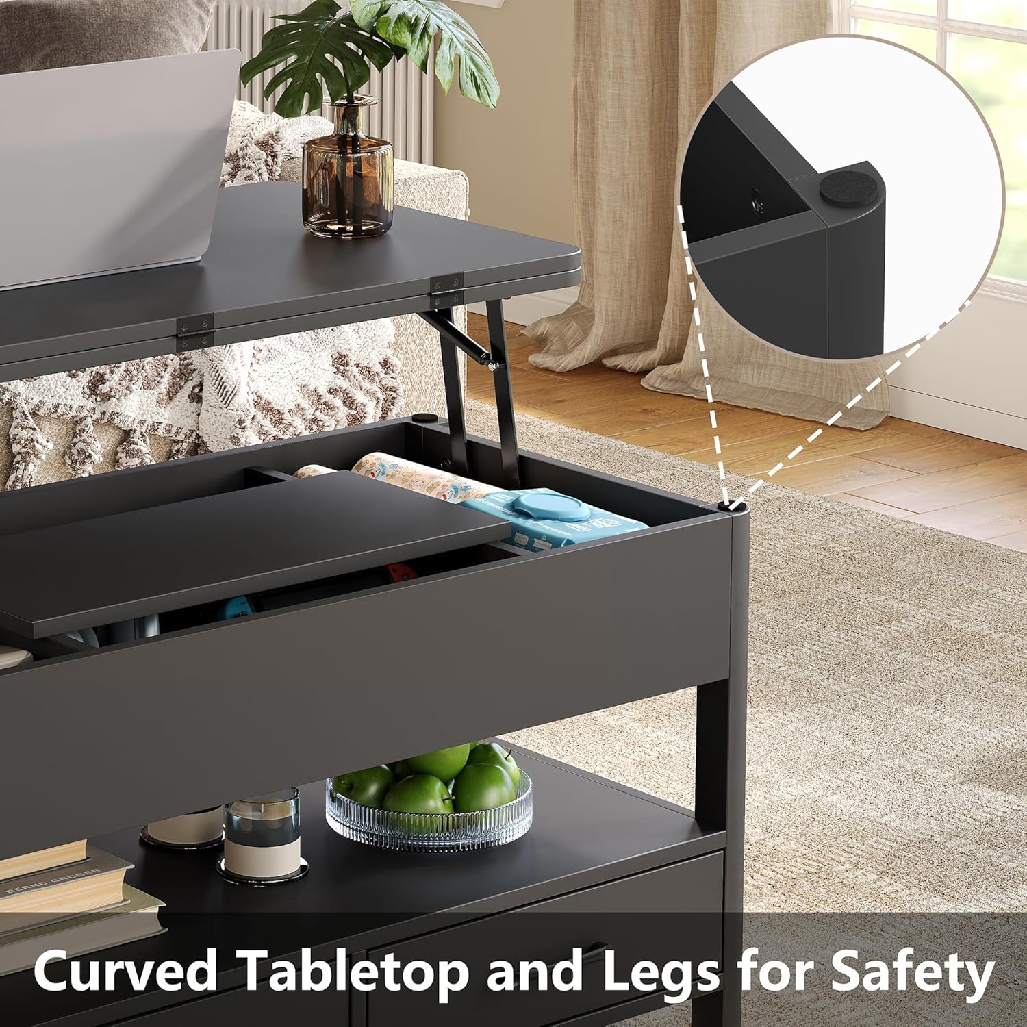Curved tabletop and legs for safety