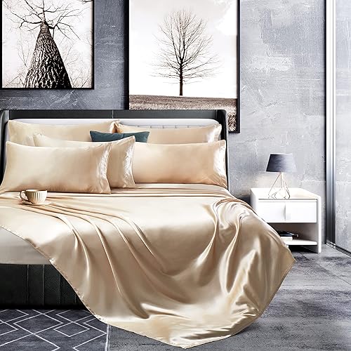 Miniatura 2 de Manyshofu Juego de sábanas de satén beige de 7 piezas, tamaño King, lujoso y suave, 1 sábana bajera de satén, 1 sábana encimera de satén, 4 fundas