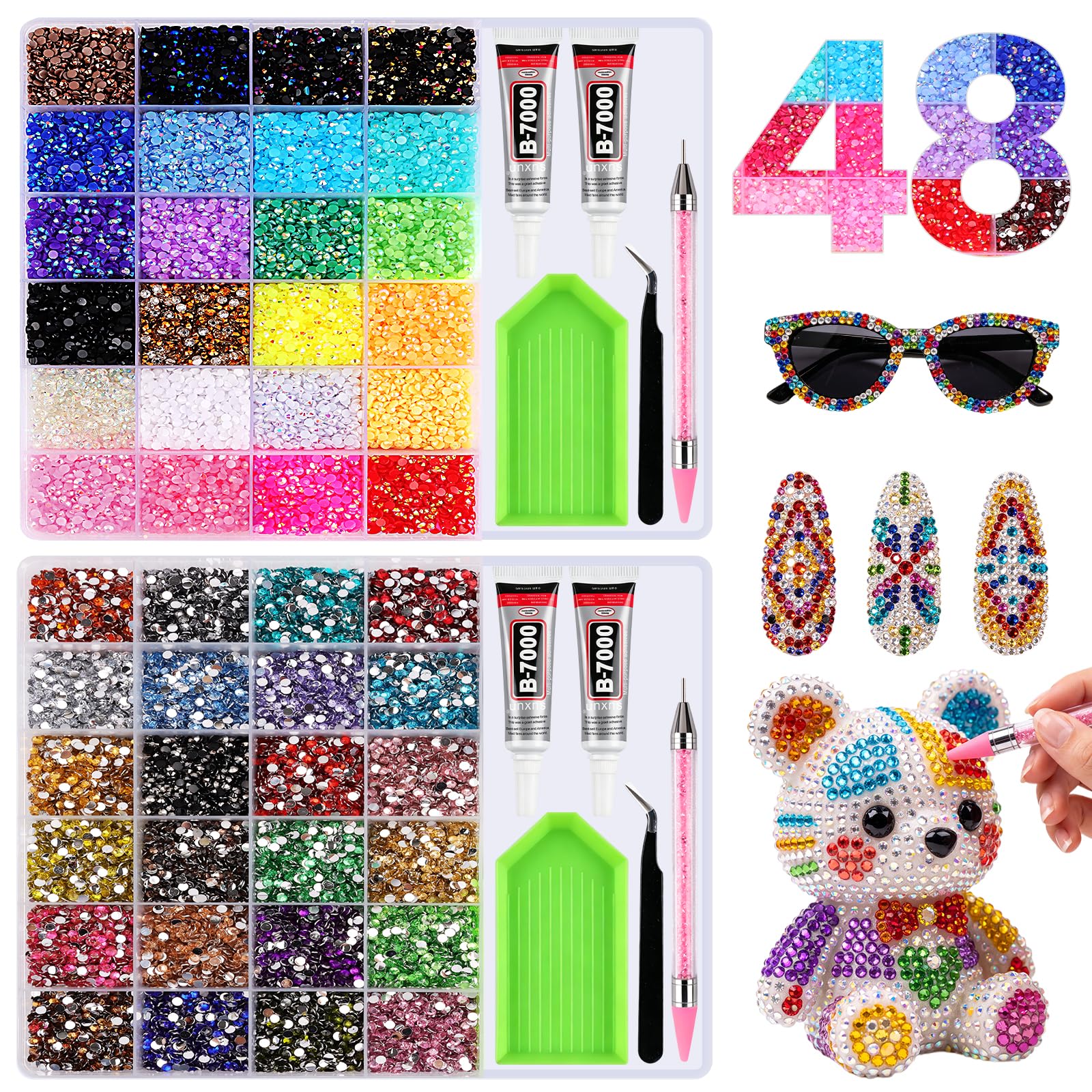 65000Pcs Nail Art Rhinestones Kit, 48 Colours Gems with Storage Compartment
