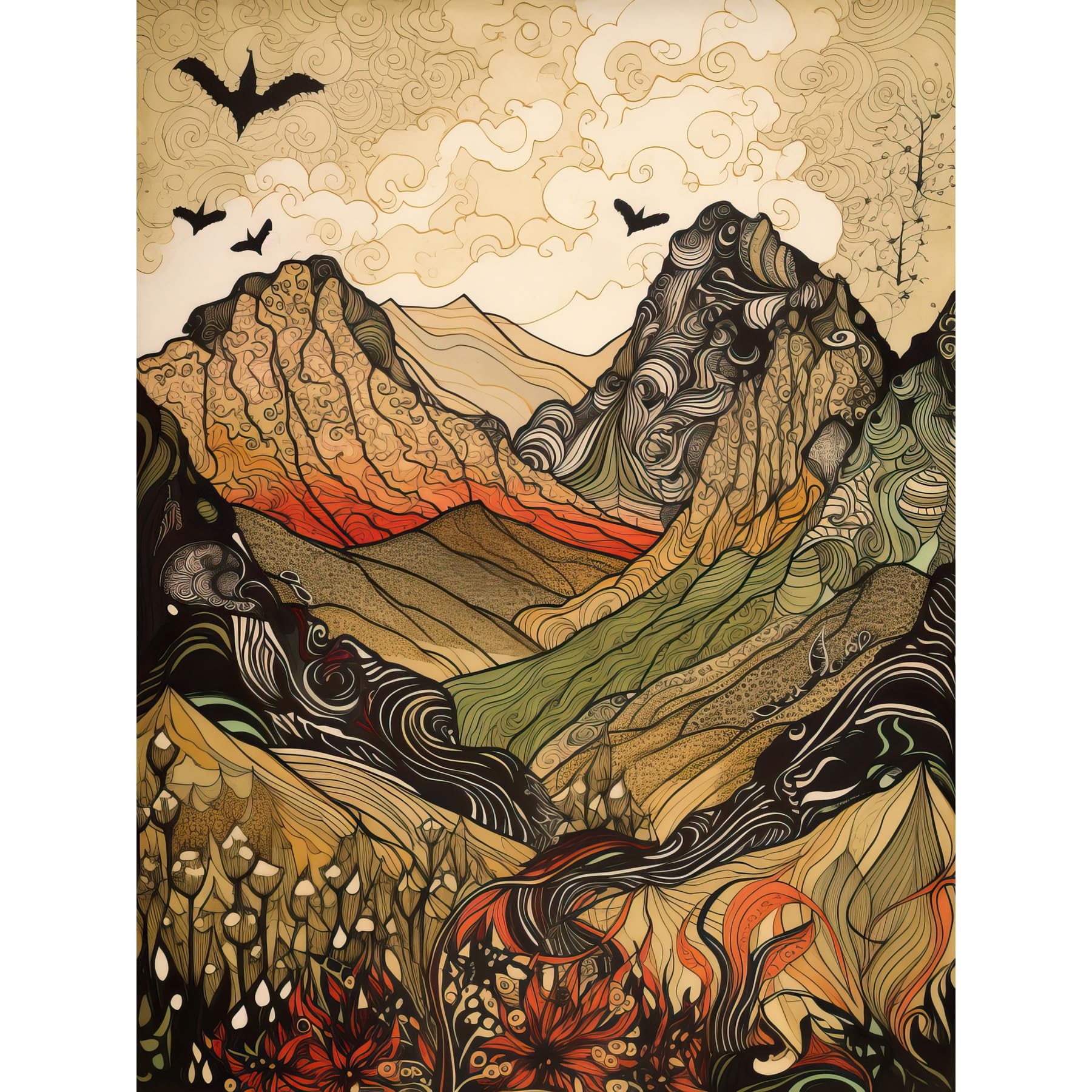 Artery8 Mountain Landscape Multicoloured Pattern Linocut Large Wall Art Poster Print Thick Paper 18X24 Inch