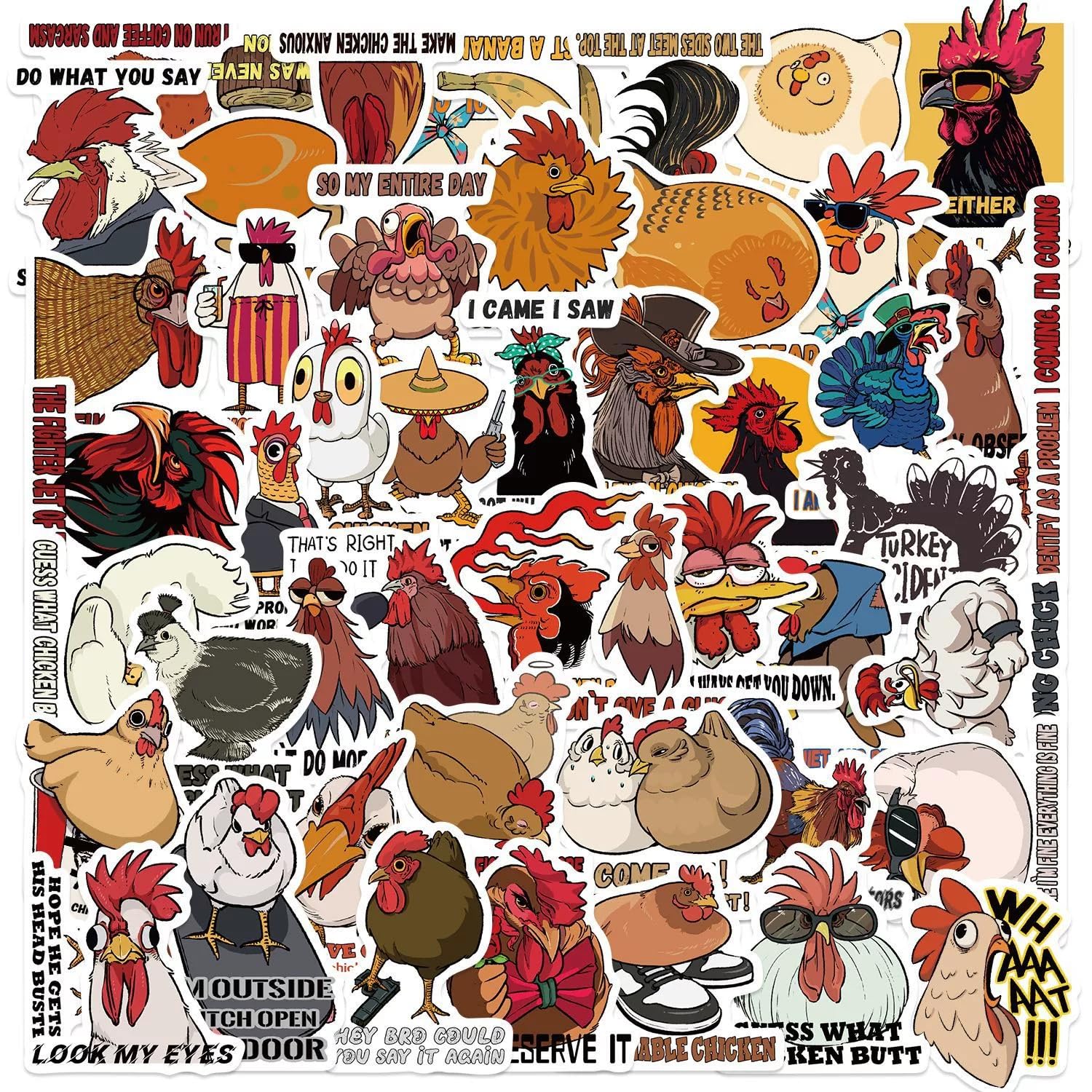 50 Pcs Hen Stickers Laptop Car Scrapbook Phone Skateboard Suitcase Luggage Bike Chicken Vinyl Waterproof Aesthetic Personalised Stickers for Teens Boys Girls Adults