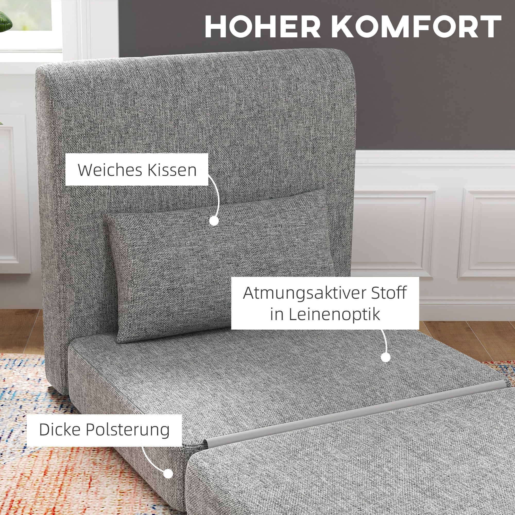 HOMCOMFotel do spania 2 w 1, składany z funkcją łóżka, wygląd lnu, tapicerowane, łóżko dla gości, składany materac, fotel podłogowy, do salonu, sypialni, szary