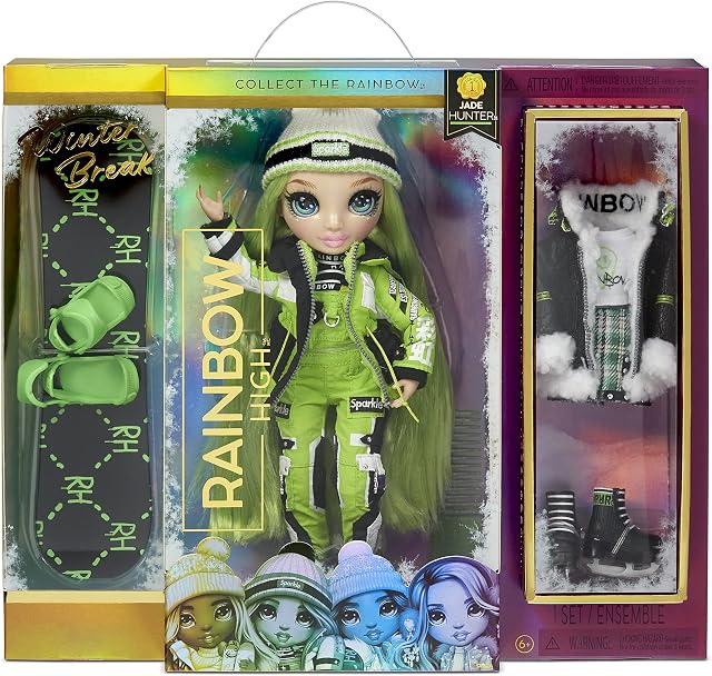 Rainbow High Winter Break Jade Hunter - Green Fashion Doll with 2 Outfits, Snow Gear, & Display Stand - Includes Snow Board, Ice Skates, Accessories, & More - Gift & Collectable for Kids Ages 6+
