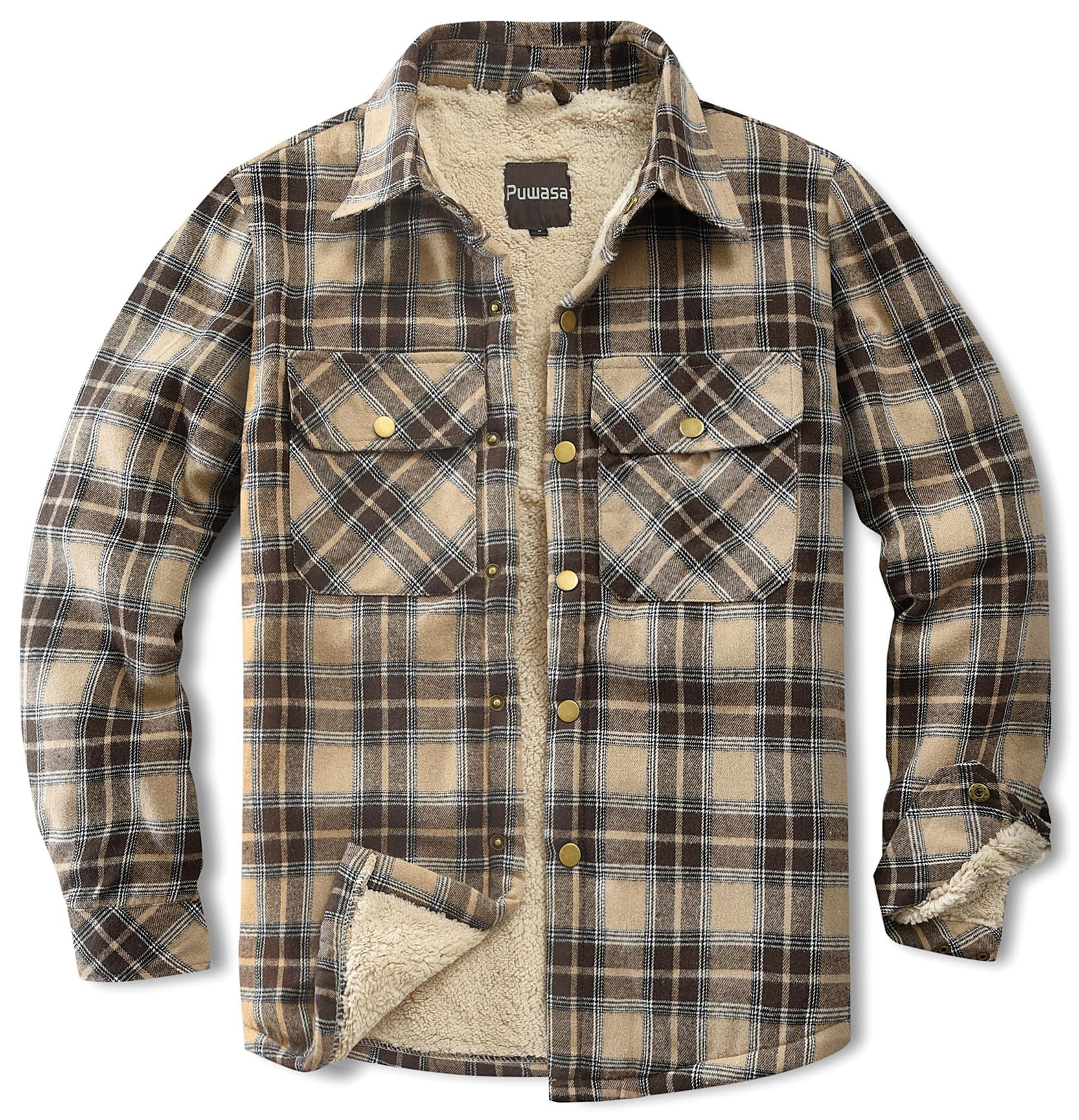 Men's Sherpa Cotton Flannel Shirt Jacket Plaid Button Coat Pocket