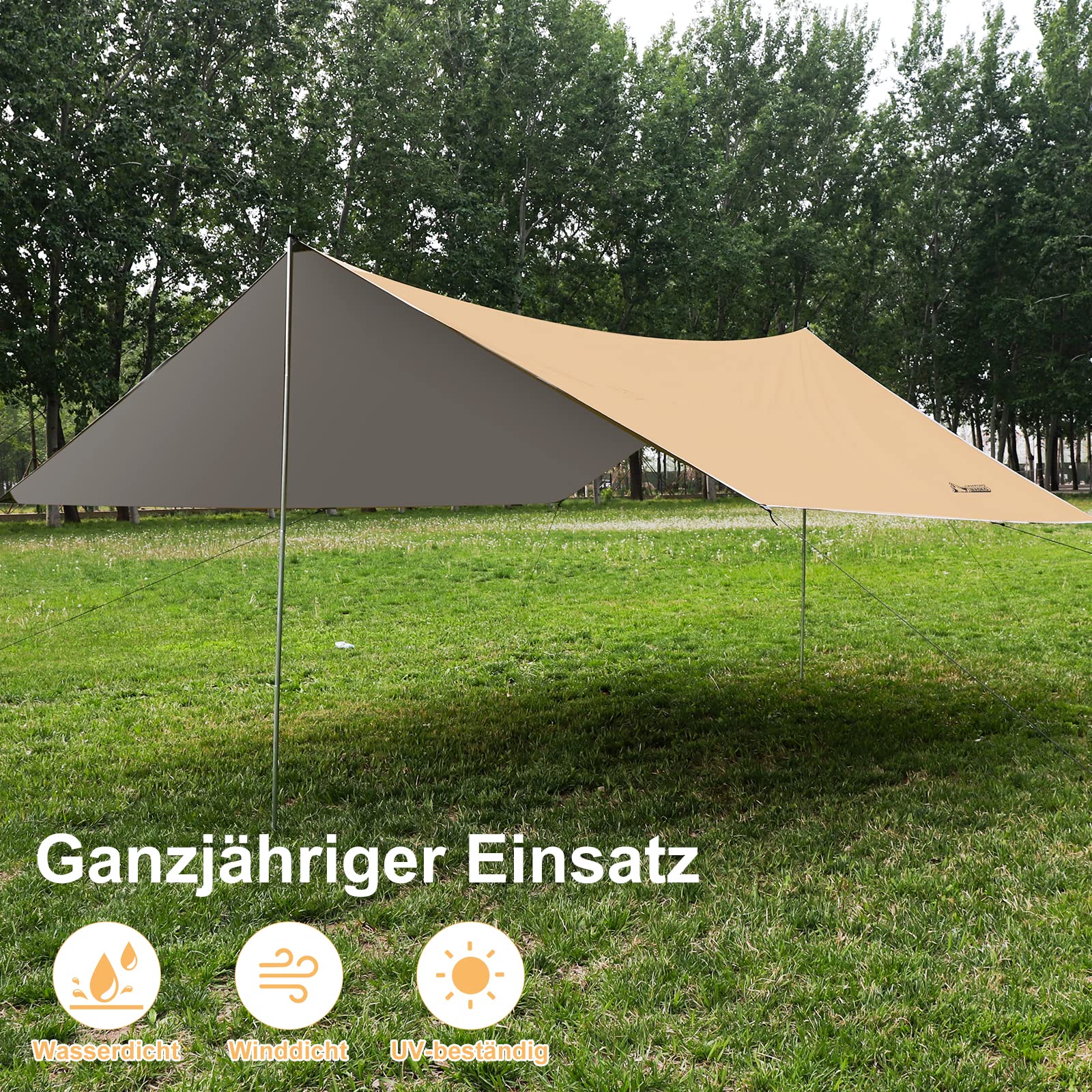 WADEO Camping Zeltplane wasserdicht 4 x 3 m, Plane Regenfliege mit Stangen Heringen Zeltspannleinen, Ultraleichtes Camping Tent Tarp, Khaki
