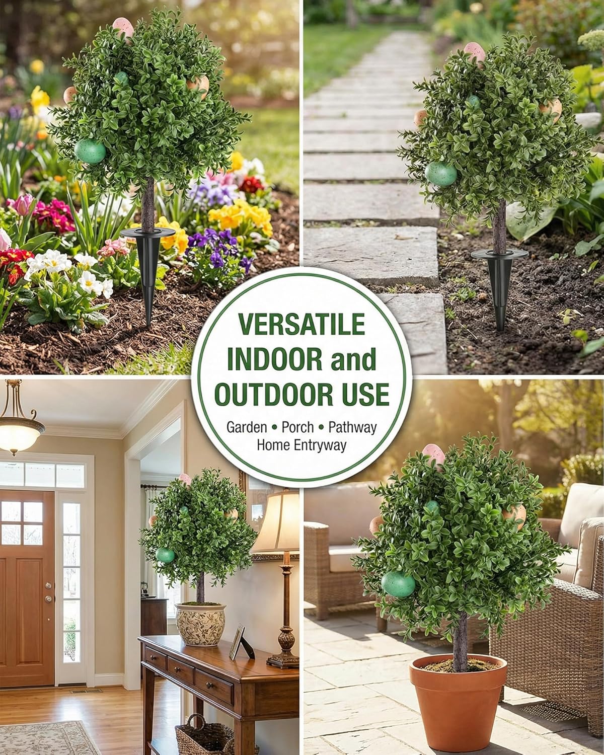 24" Easter Decorations Outdoor Tree, Set of 2 Faux Boxwood Topiary with Easter Eggs, UV Resistant Rainproof Artificial Shrubs for Front Porch Garden Lawn Yard, No Tools Assembly