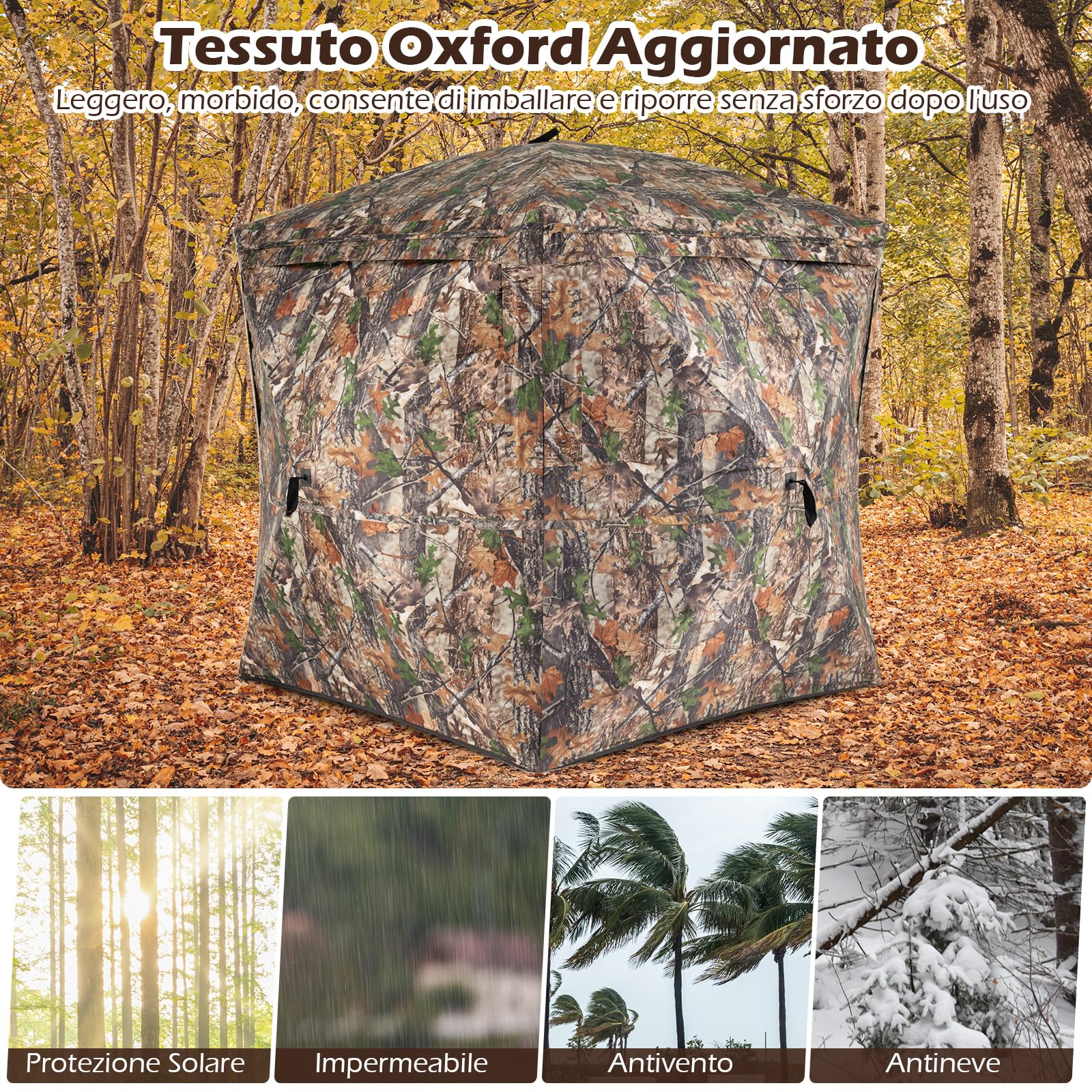 COSTWAY Tenda da Caccia per 2-3 Persone, Tenda Mimetica a 270° per Caccia, Tenda Pop-Up Camouflage con Porta Magnetica Silenziosa, 4 Finestre e Borsa da Trasporto, 146 x 146 x 170 cm